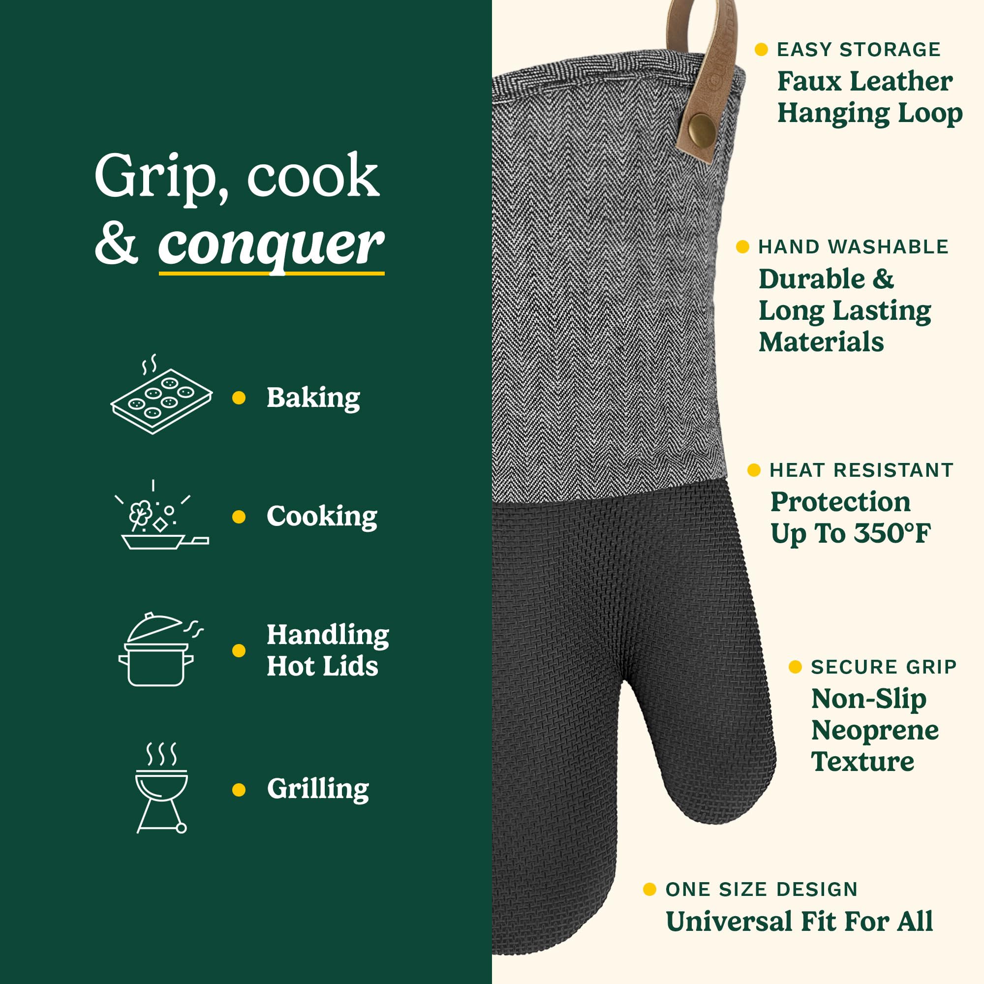 Cuisinart Heritage Heat-Resistant Oven Mitts - Non-Slip Neoprene Palm, Long Cuff & Cotton Filling - Durable Kitchen Gloves for Cooking, Baking, Grilling & BBQ - Perfect for Home Chefs & Professional Kitchens