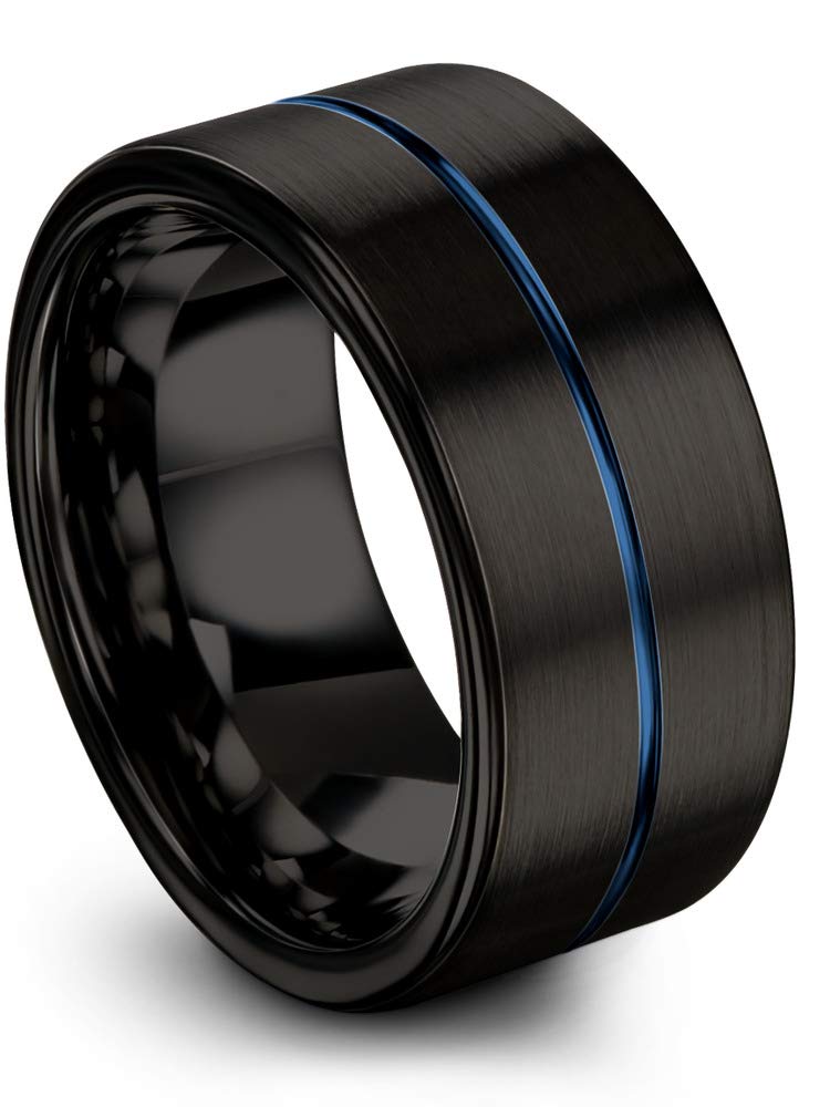 10mm Tungsten Carbide Wedding Band Ring for Men & Women - Blue Black Center Line, Flat Cut, Brushed & Polished Finish - Custom Engraved for Anniversary & Engagement - Perfect for Everyday Wear, Special Occasions & Gift Giving