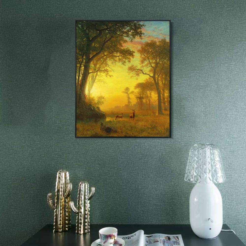 Albert Bierstadt Sunset Deer River Giclee Print - 20x24 Inch Framed Canvas Wall Art for Living Room & Home Office Decor (Black Slim Frame) | Nature Landscape Painting | Perfect for Rustic, Farmhouse & Modern Interior Design
