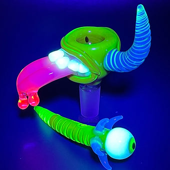 14mm Red Blacklight Reactive Glass Slide Set with Tongue & Horn - Perfect for UV Parties, Raves & Unique Smoking Accessories