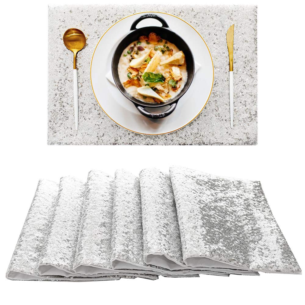 6-Piece Glitter Sequin Placemats Set for Dining Table - Elegant Rectangle Table Mats for Baby Showers, Weddings & Special Occasions | Waterproof & Heat-Resistant for Everyday Use