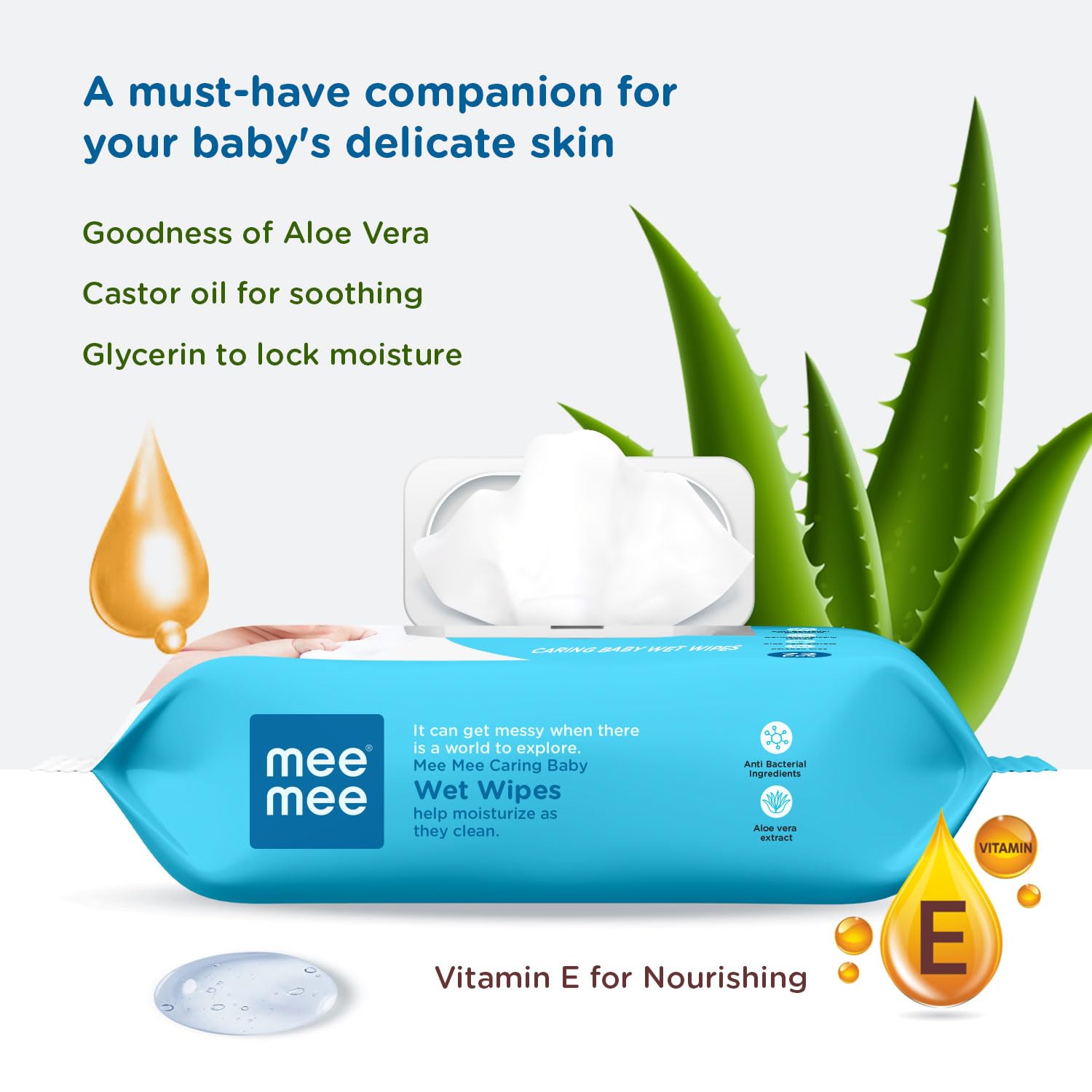 Mee Mee Caring Baby Wet Wipes with Lid - 72 Count (Aloe Vera, 3-Pack) | Gentle & Hypoallergenic for Diaper Changes, Face & Hand Cleaning | Perfect for Travel, Nursery & On-the-Go Use