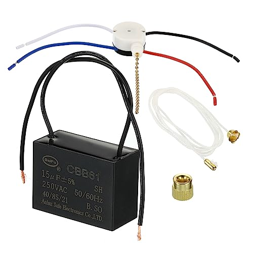 PATIKIL CBB61 Ceiling Fan Capacitor 15uF 250V AC 50/60Hz - 2 Wires with 3 Speed Switch for AC Fan Motor & HVAC Systems - Perfect for Home, Office and Commercial Ceiling Fan Repairs