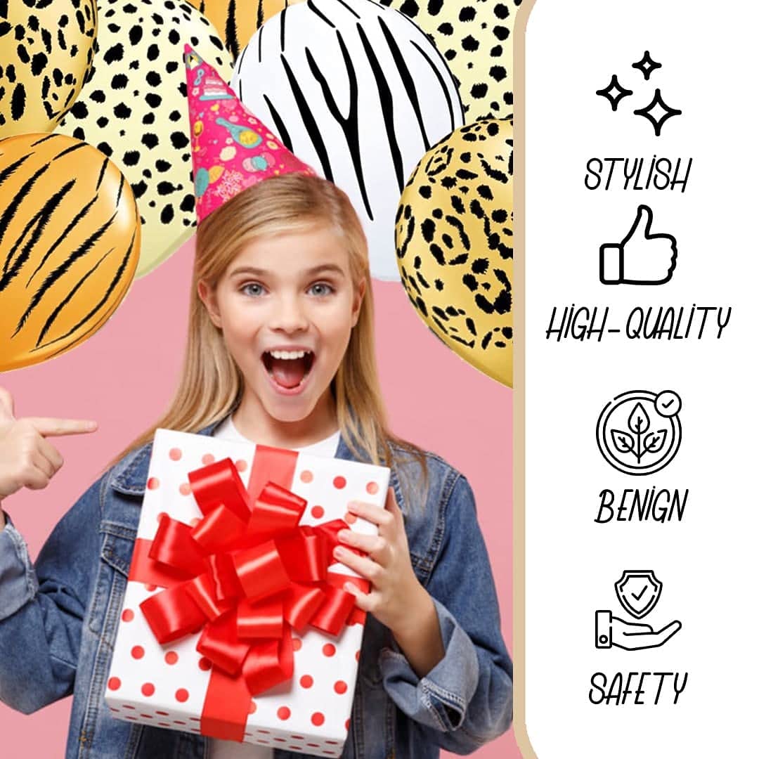 12PCS Jungle Animal Print Balloons - Safari & Zoo Themed Latex Balloons with Matching Ribbon for Birthday Party Decorations, Baby Shower, Jungle Theme Events (Zebra, Giraffe, Leopard Prints)