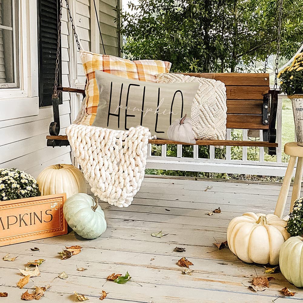 Smilyard Hello Pumpkin Pillow Covers 12x20 Inch - Fall Decor Grey Pumpkins with Seasonal Quotes, Autumn Harvest Farmhouse Cushion Covers for Thanksgiving, Halloween, and Home Decor | Perfect for Sofa, Bed, Porch & Seasonal Display