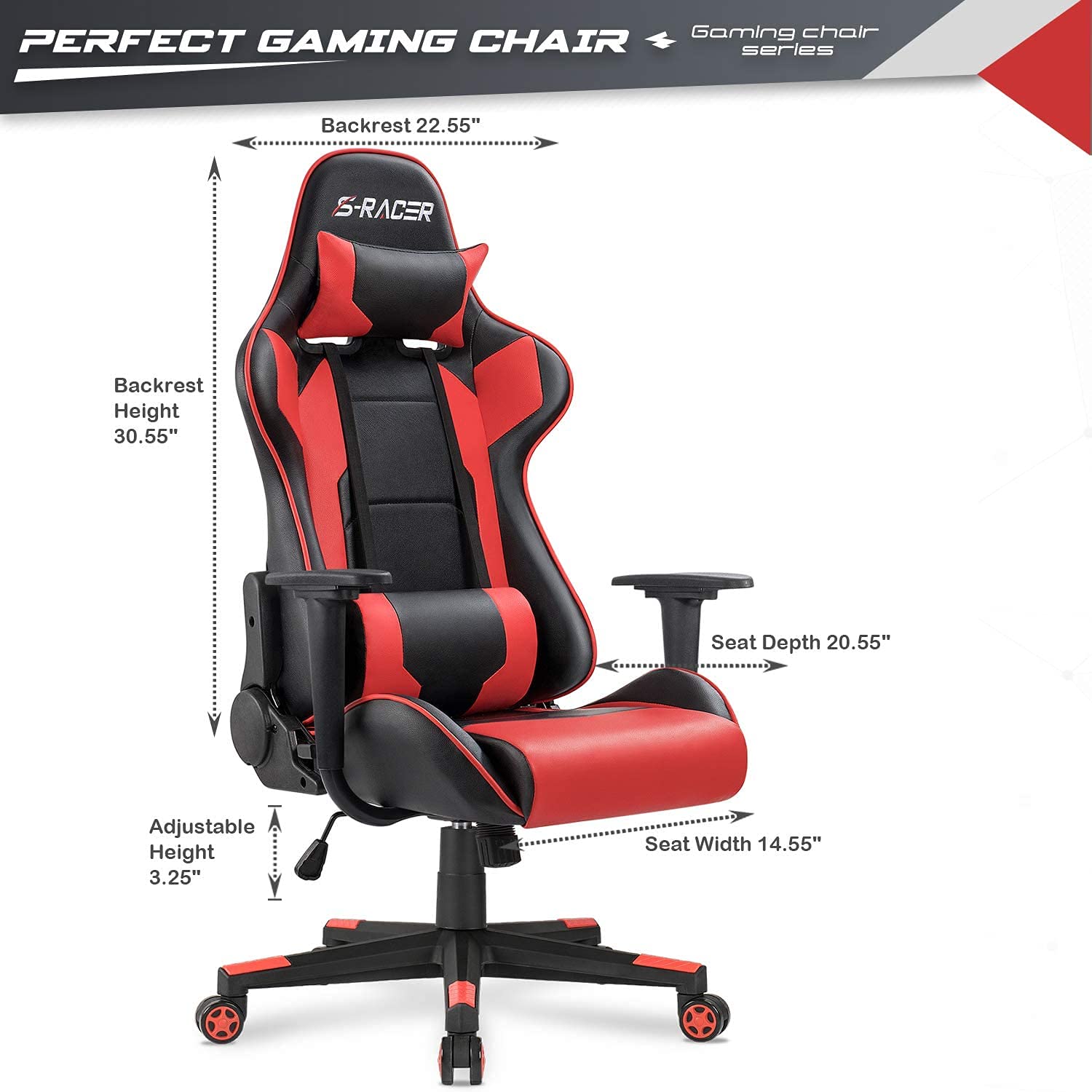 **Furniwell Ergonomic Gaming Chair - High Back Office Chair with Adjustable Headrest & Lumbar Support for PC, Computer Desk - Red - Perfect for Gaming, Work & Home Office**
