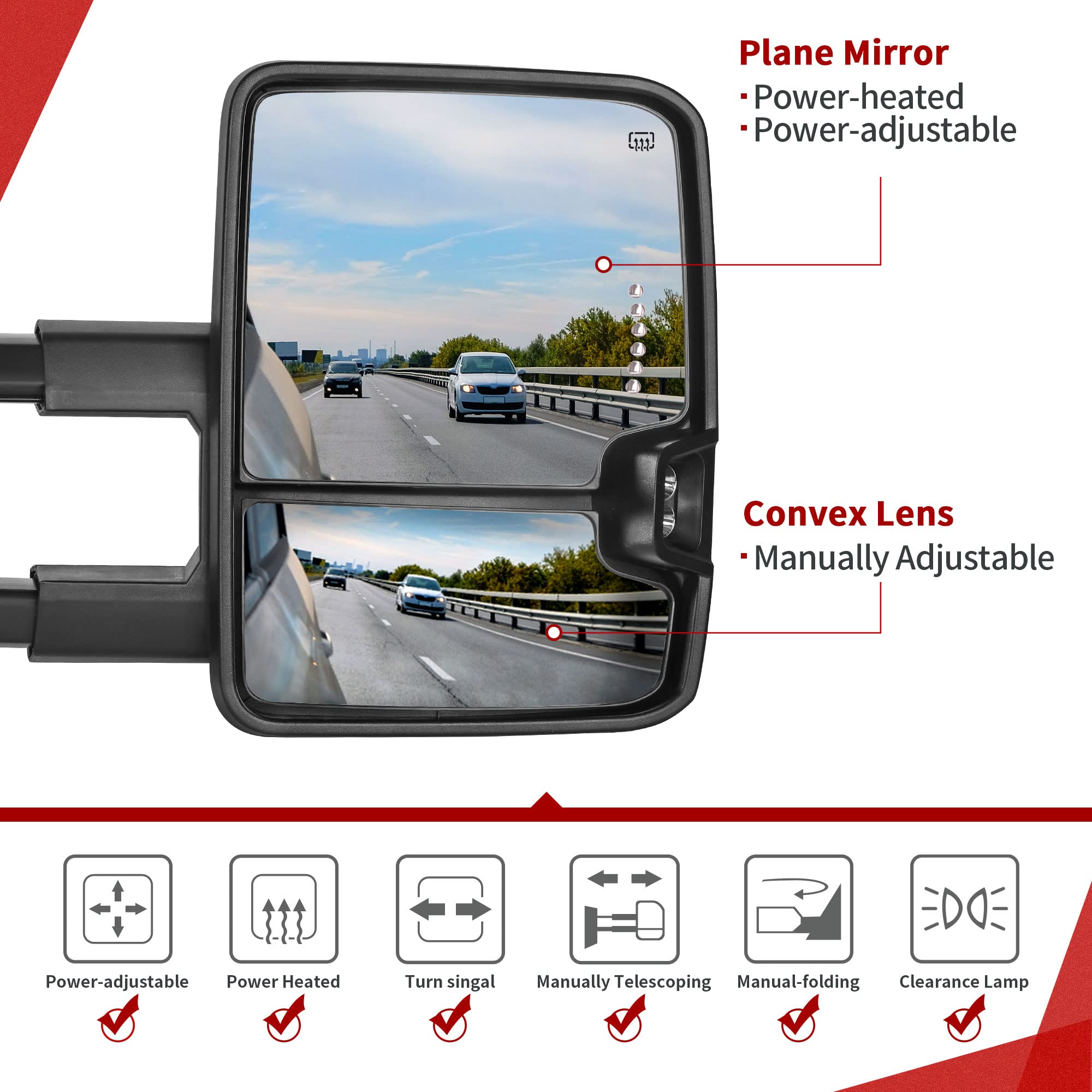 YITAMOTOR Power Heated LED Towing Mirrors for 2003-2006 Chevy Silverado GMC Sierra 1500/2500/3500 & 03-06 Tahoe Suburban Yukon - Dynamic Turn Signal Lights, Black Mirror Pair - Perfect for Towing, Off-Roading & Night Driving