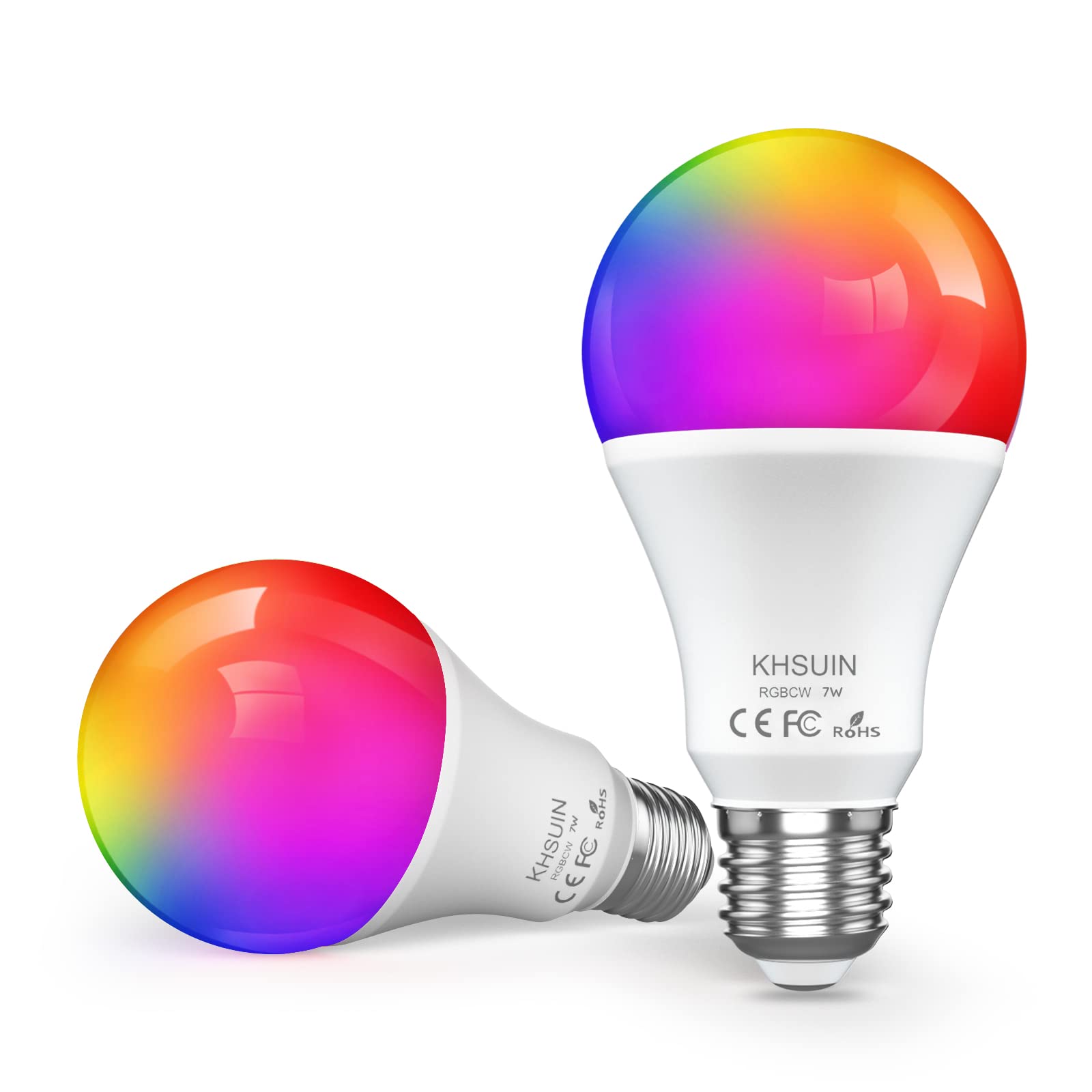KHSUIN Upgraded Smart LED Bulb - 80W Equivalent (7W), Color Changing A19 Light Bulb with WiFi, Works with Alexa, Google Home & Echo (No Hub Required), 800LM, Dimmable 2700-6500K, RGBCW, CRI>90, E26 Base, 2 Pack - Perfect for Bedroom, Living Room & Smart Home Lighting