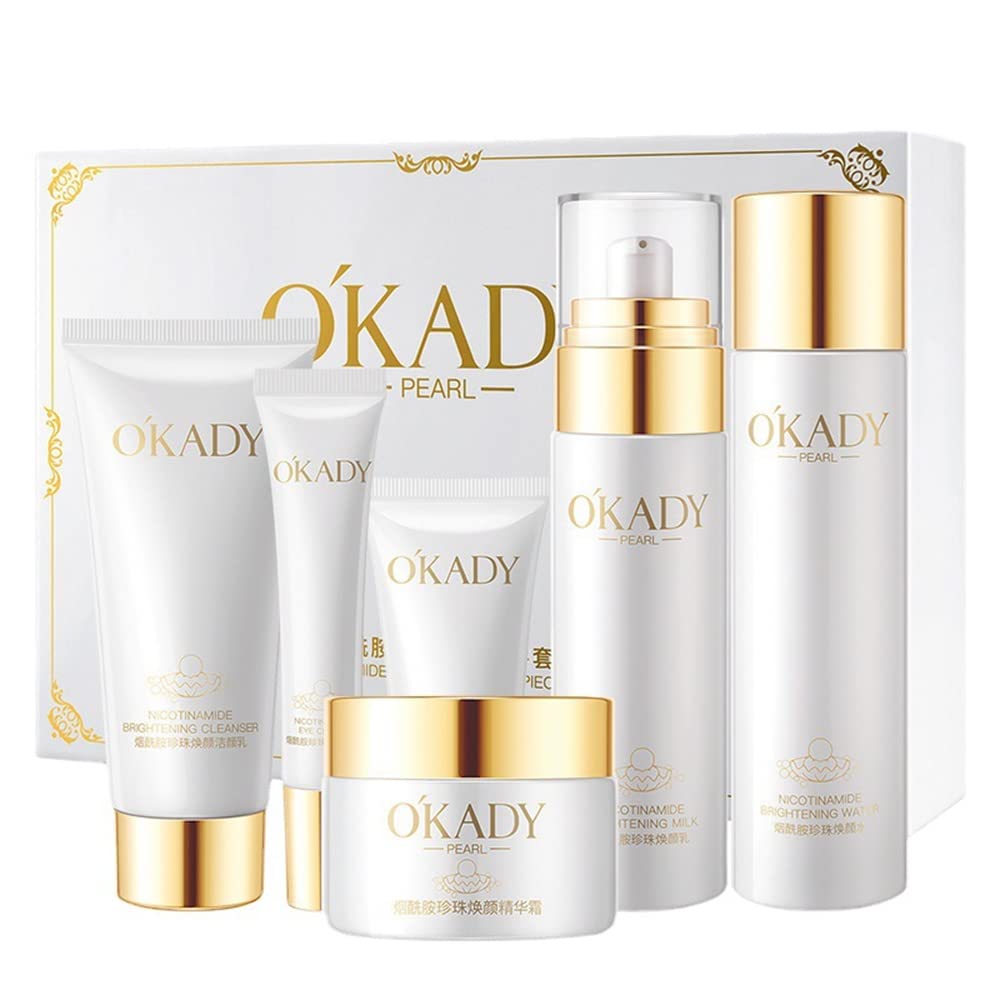 Niacinamide Pearl Face Care Set 6Pcs - Cleanser, Toner, Lotion & Cream for Whitening, Anti-Wrinkle & Pore Minimizing | Hydrating & Firming Skincare Routine for Radiant, Youthful Skin | Perfect for Daily Use & Nighttime Skincare Regimen