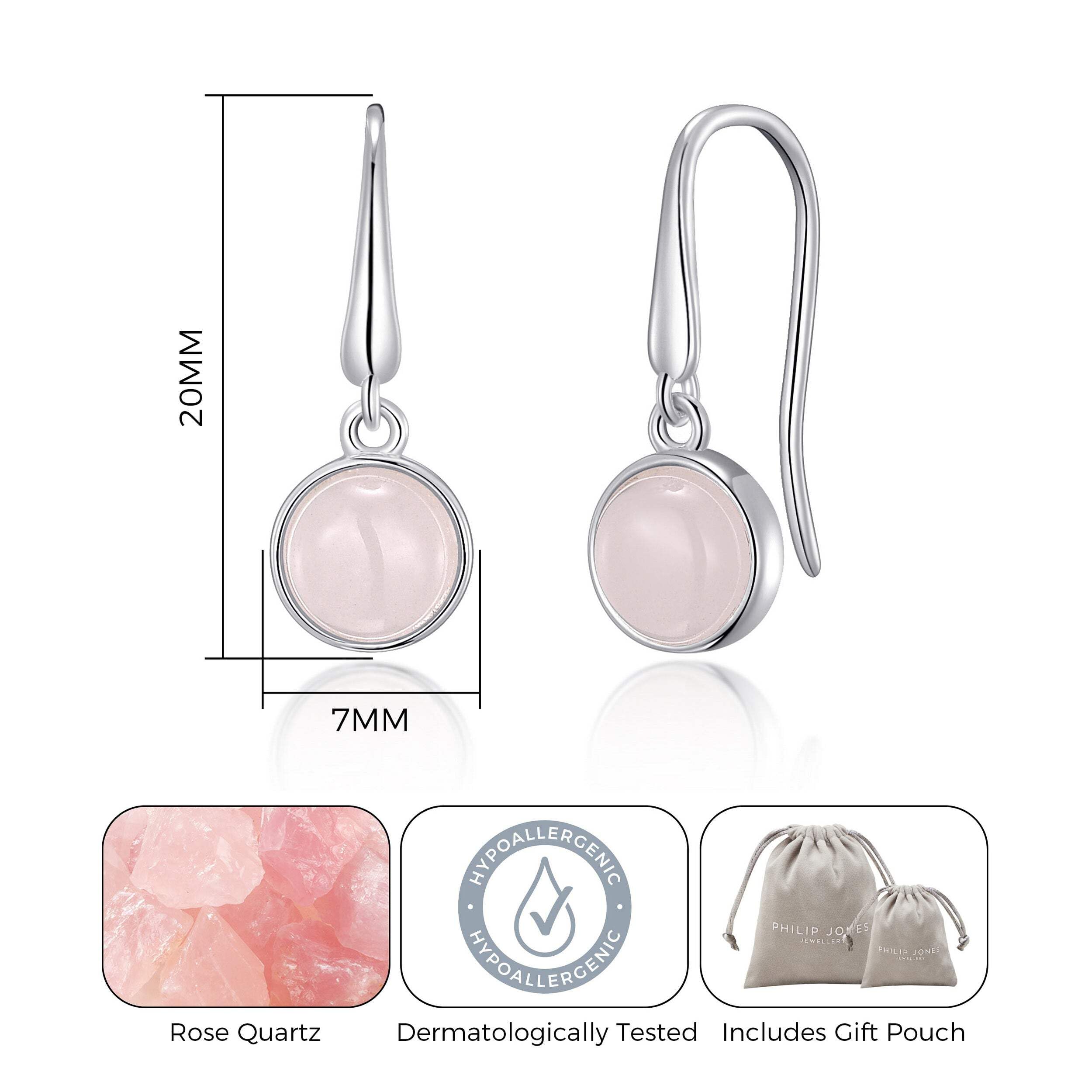 Philip Jones Rose Quartz Drop Earrings with Inspirational Quote Card - Elegant Dangle Jewelry for Women, Perfect Gift for Birthday, Anniversary & Special Occasions
