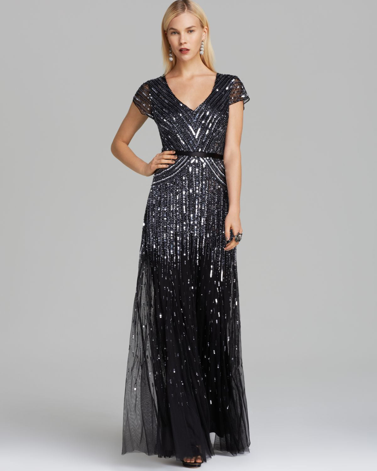 Adrianna Papell Beaded V-Neck Evening Gown in Gunmetal - Perfect for Prom, Wedding & Formal Events