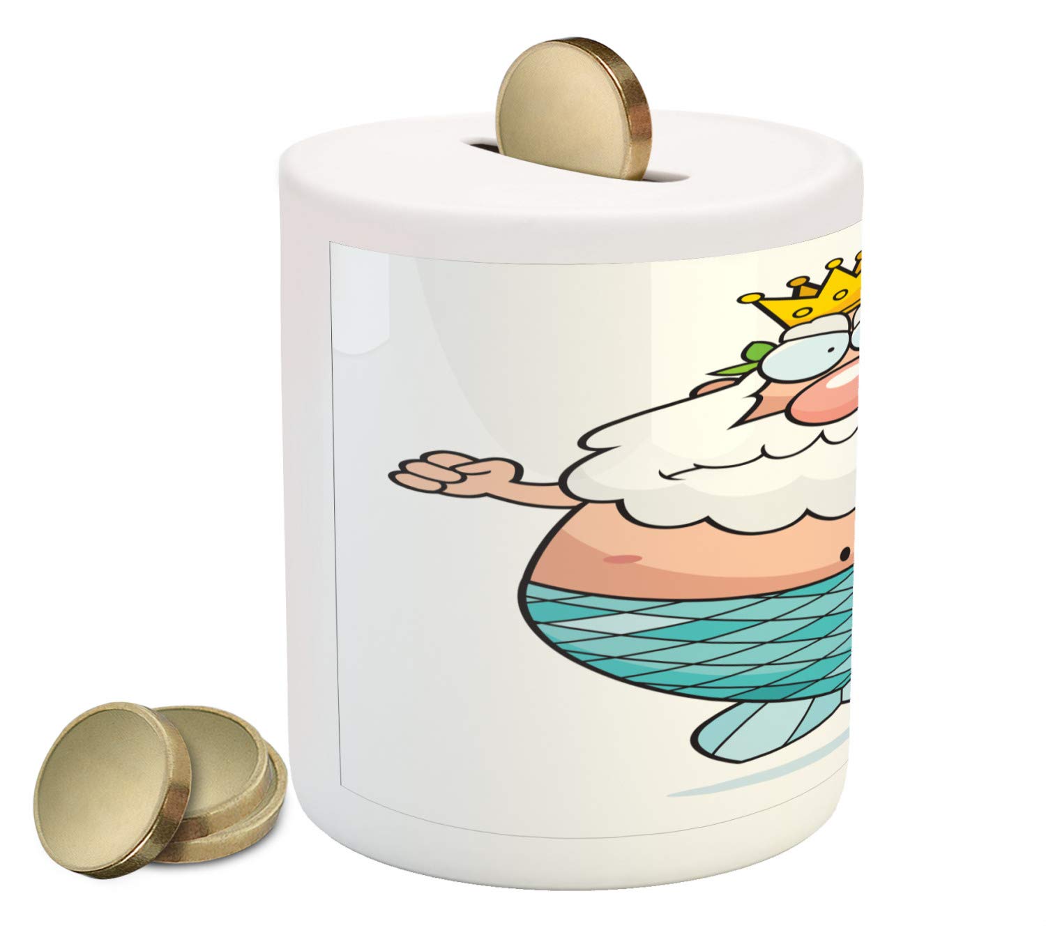 Ambesonne Neptune Piggy Bank - Funny Cartoon Underwater King Ceramic Coin Bank with Angry Face & Trident - 3.6