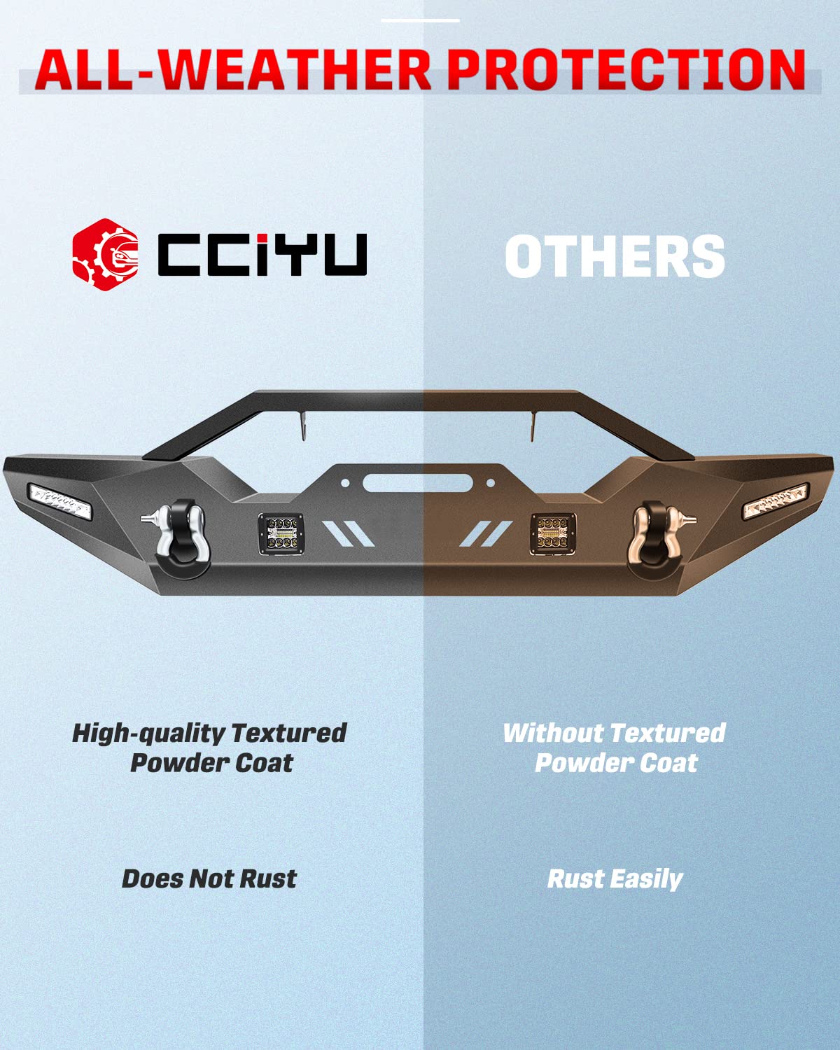 CCiyu Textured Black Front Bumper with D-Ring & LED Lights | Winch Plate Compatible for Jeep Wrangler JK 2007-2018 | Off-Road Adventure & Heavy-Duty Protection