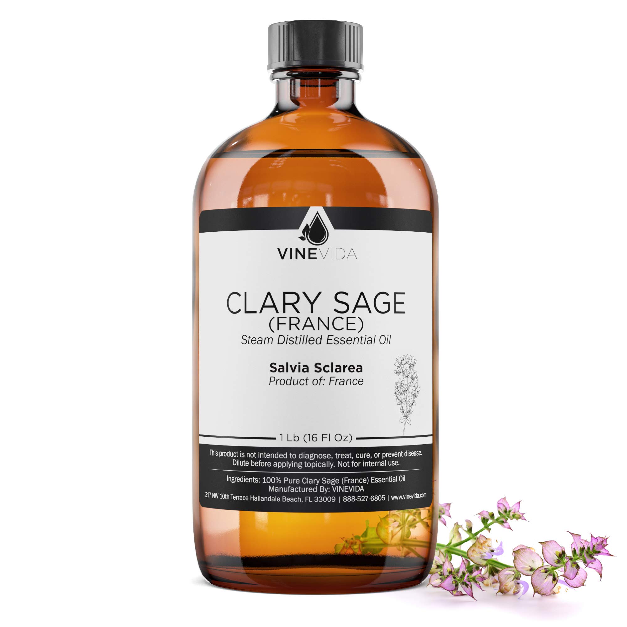 Bulk Clary Sage Essential Oil - 16 Oz 100% Pure Undiluted Therapeutic Grade Oil in Glass Bottle (1 Pound) for Aromatherapy, DIY Soaps, Candles & Skincare Blends - VINEVIDA | Perfect for Relaxation, Stress Relief & Home Spa Treatments