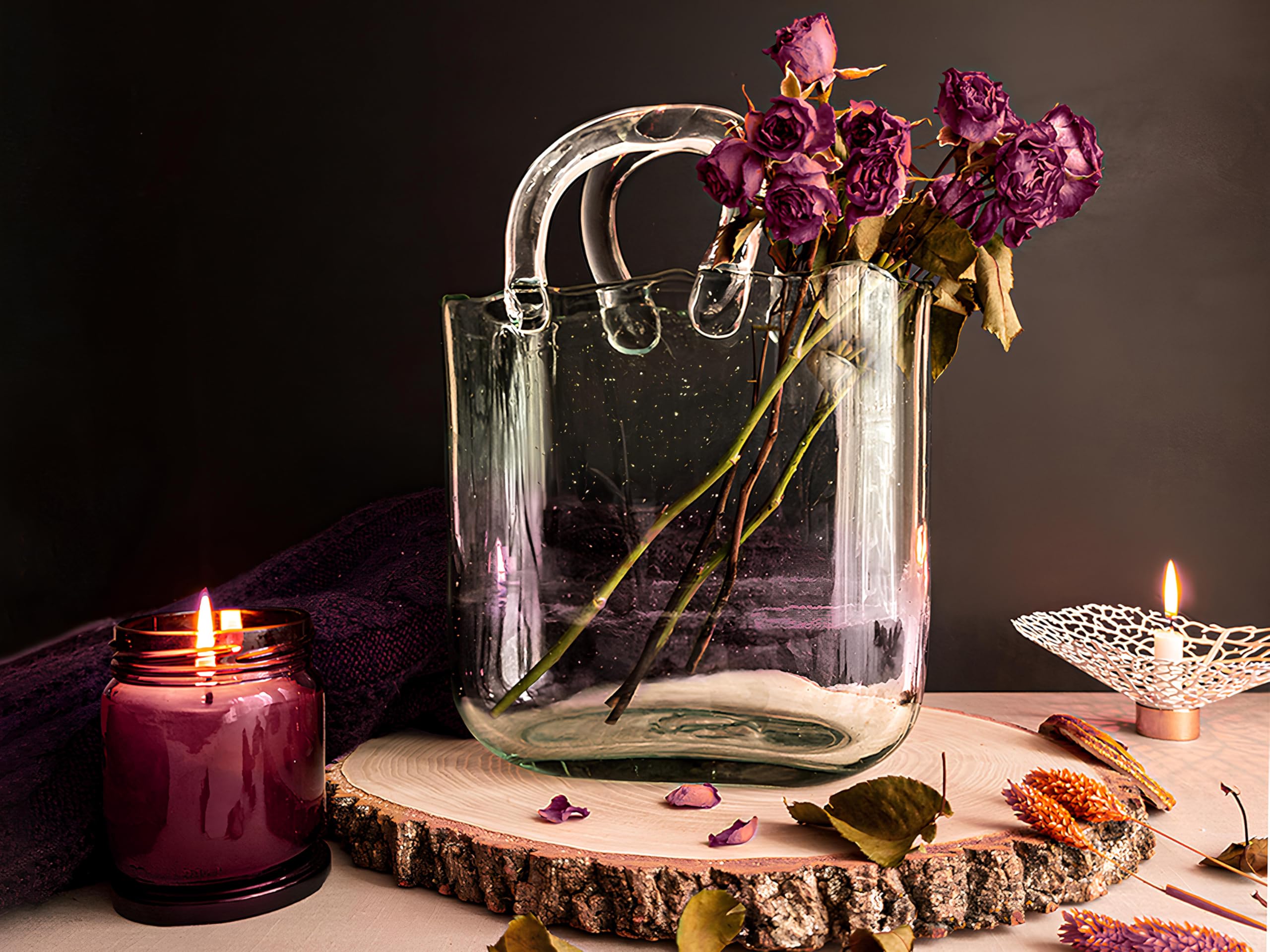 OLEEK Handmade Clear Glass Purse Vase - Elegant Flower Vase & Fish Bowl for Home Decor, Wedding Centerpieces, and Party Drinks - Unique Glass Handbag Vase for Flowers and Tabletop Decor