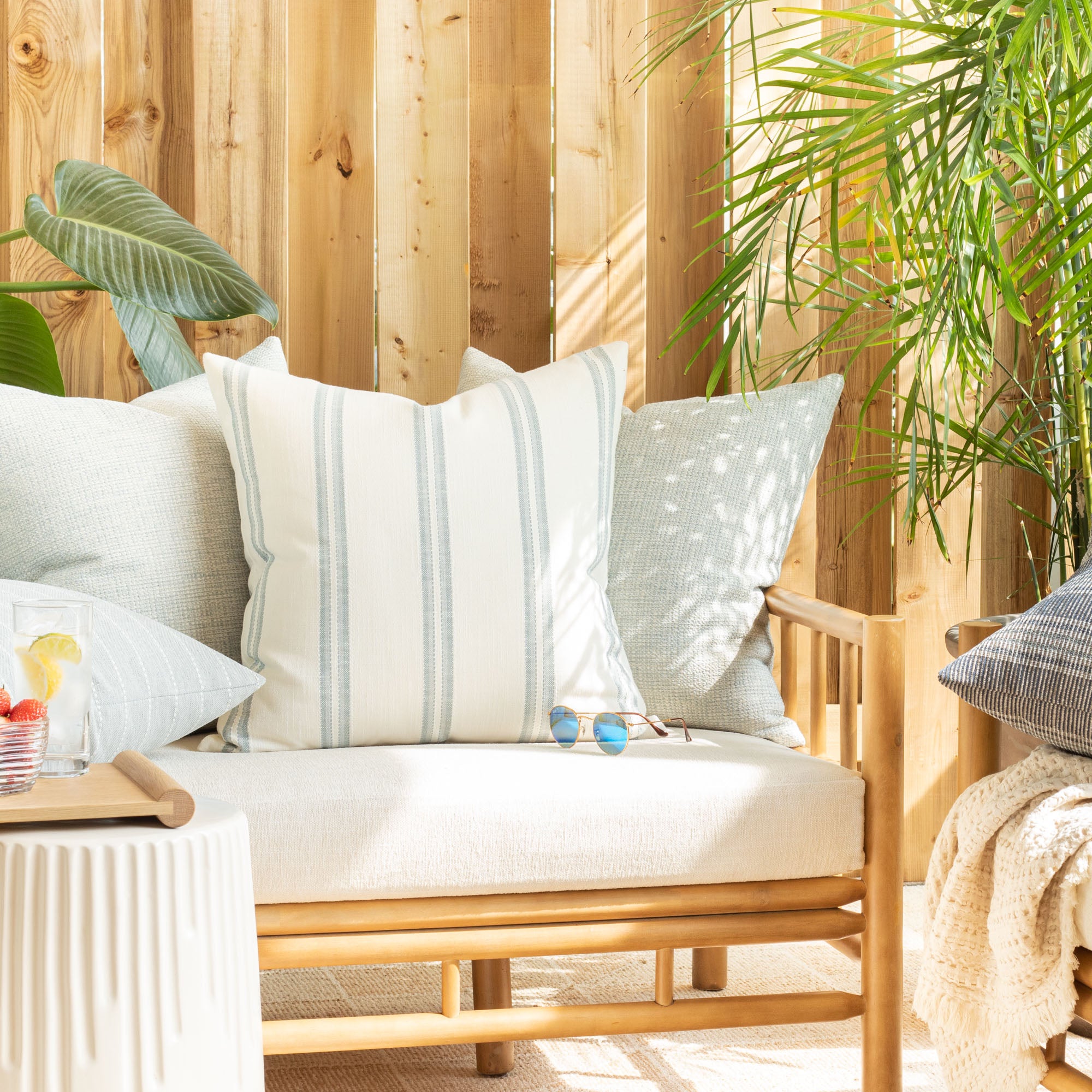 Riviera Stripe 22x22 Outdoor Pillow Cover - Water-Resistant Decorative Throw Pillow for Patio, Porch, Poolside & Garden - Mist Blue & White Striped Design