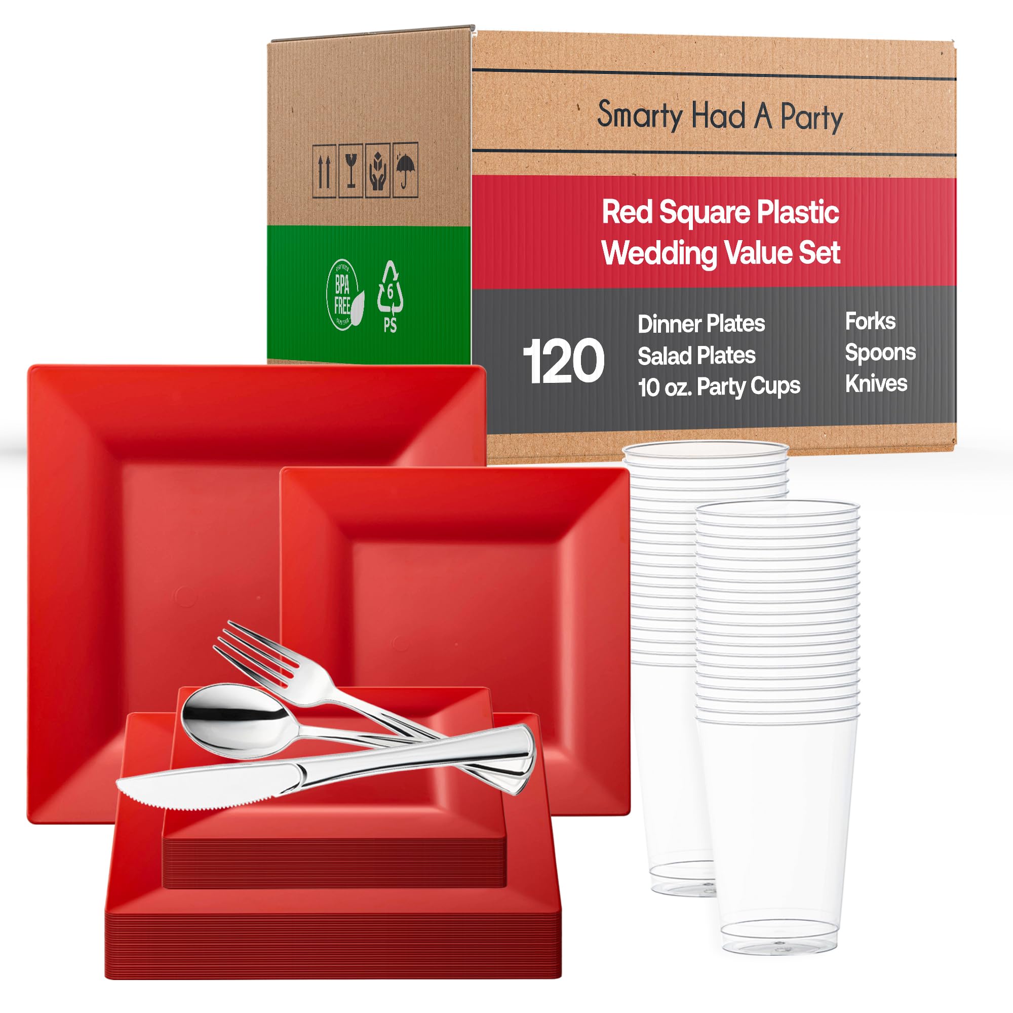 Elegant Disposable Plastic Dinnerware Set - Heavy Duty Plastic Plates for Parties (Red, 120-Piece Wedding Value Pack) | Perfect for Weddings, Banquets, and Large Gatherings