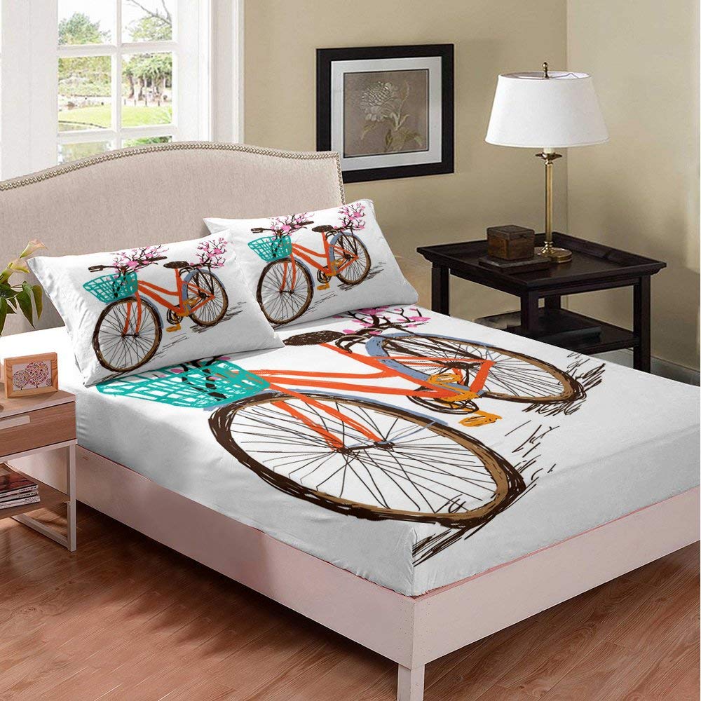 Pink Floral Bike Duvet Cover Set - Twin Size White Base with Bike Painting Design, 2-Piece Includes Fitted Sheet & Pillowcase - Perfect for Kids' Bedrooms, Cycling Enthusiasts & Themed Decor