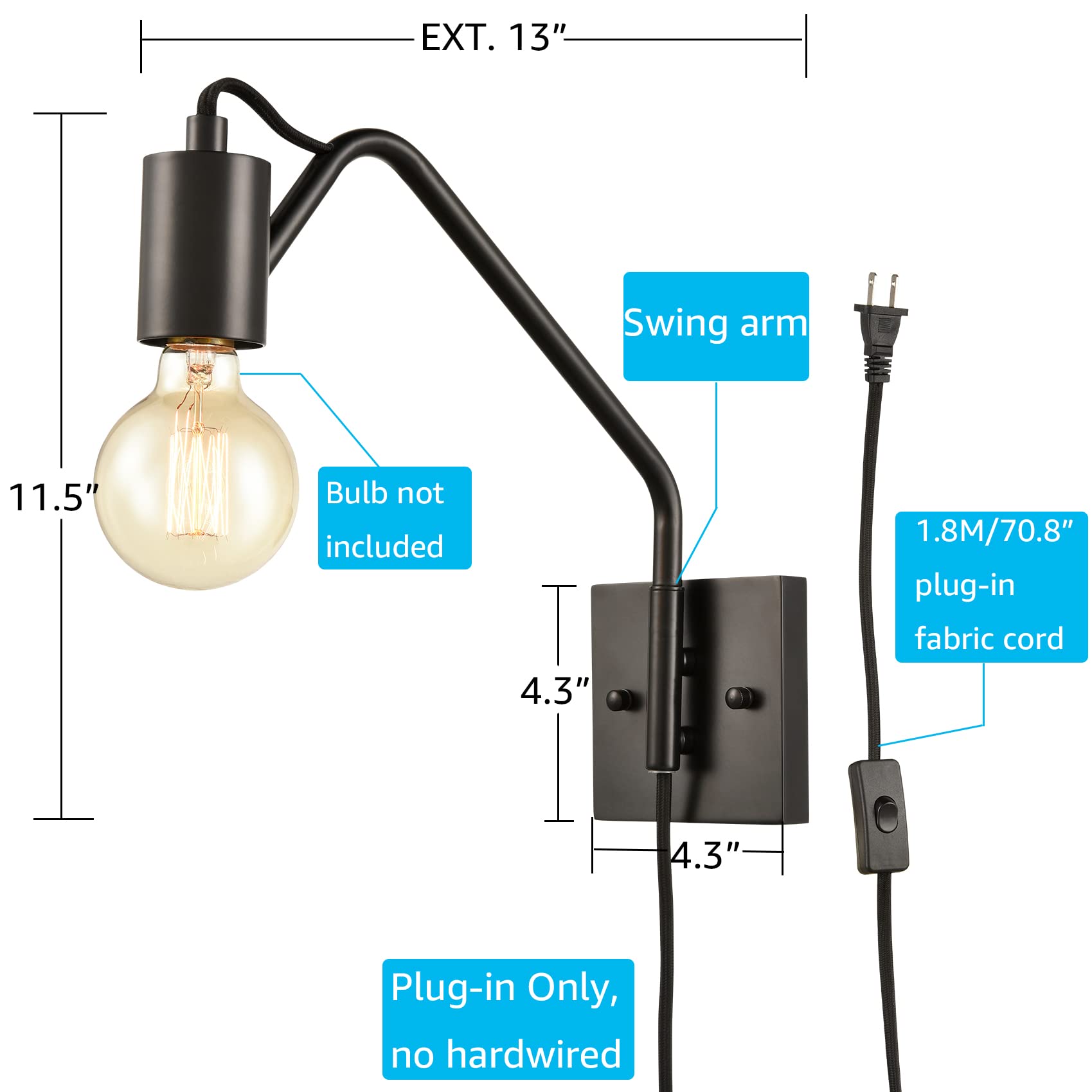 DAYCENT Farmhouse Plug-in Wall Sconces Set of 2 - Black Swing Arm Wall Lights with On/Off Switch - Rustic Wall Lighting Fixtures for Bedroom, Living Room, Hallway & Dining Room - Perfect for Reading Nook and Cozy Home Decor