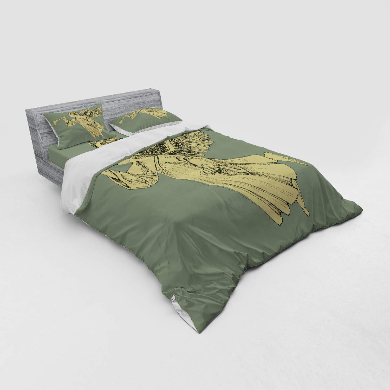 Ambesonne Christmas Angel Bedding Set - 4 Piece Duvet Cover with Shams & Fitted Sheet, Queen Size, Yellow Mint - Flying Angel with Trumpet Mythological Design - Perfect for Holiday Decor & Cozy Winter Bedrooms