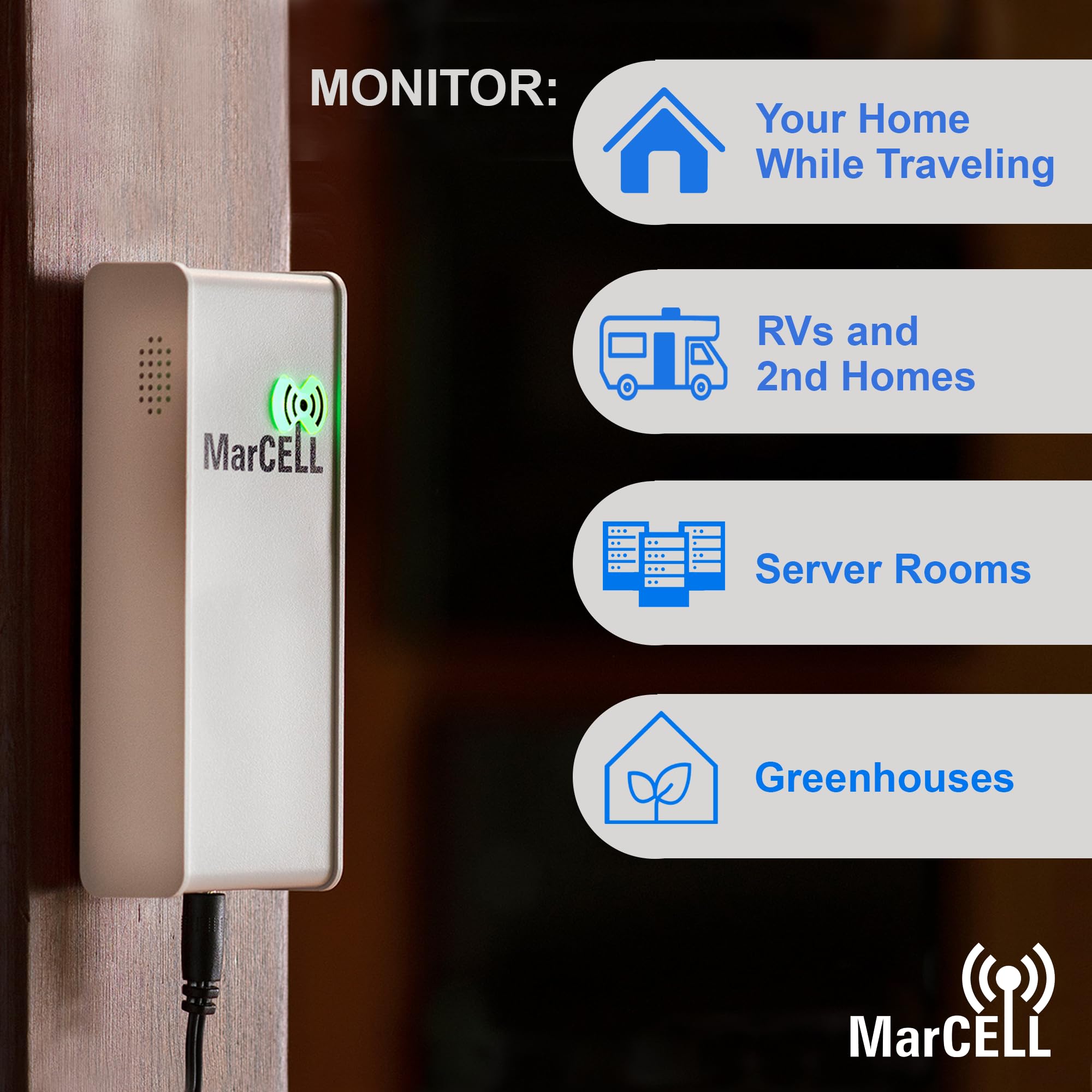 MarCELL Cellular Temperature, Humidity & Power Monitor for Verizon - USA Made - 24/7 Remote Monitoring with Instant Alerts - Ideal for RV, Pet Safety, Vacation Homes & Greenhouse Monitoring