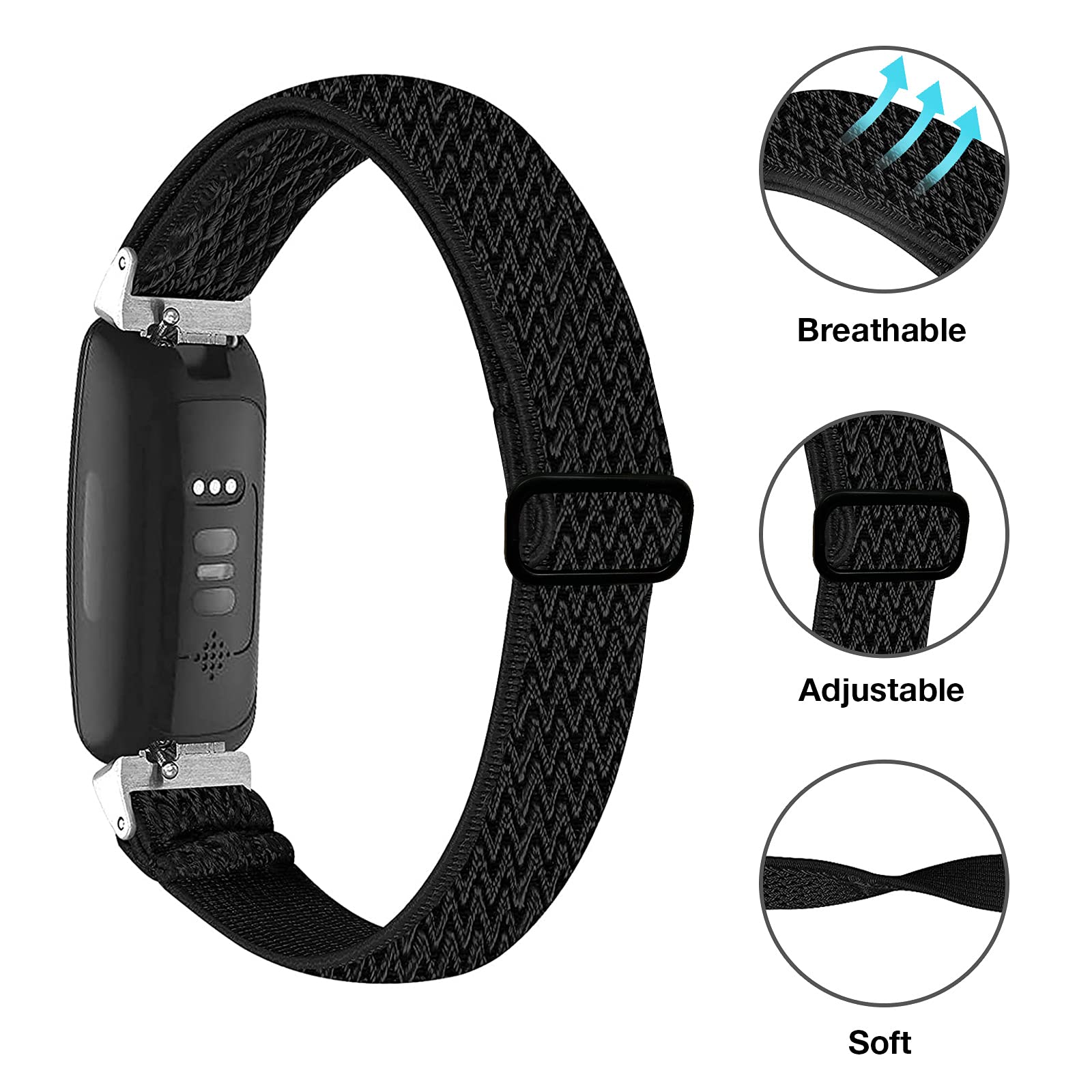 3 Pack Stretchy Replacement Bands for Fitbit Inspire 2/Inspire HR/Inspire/Ace 2 - Soft Adjustable Solo Loop Nylon Straps for Women & Men - Perfect for Workouts, Running & Daily Fitness Tracking