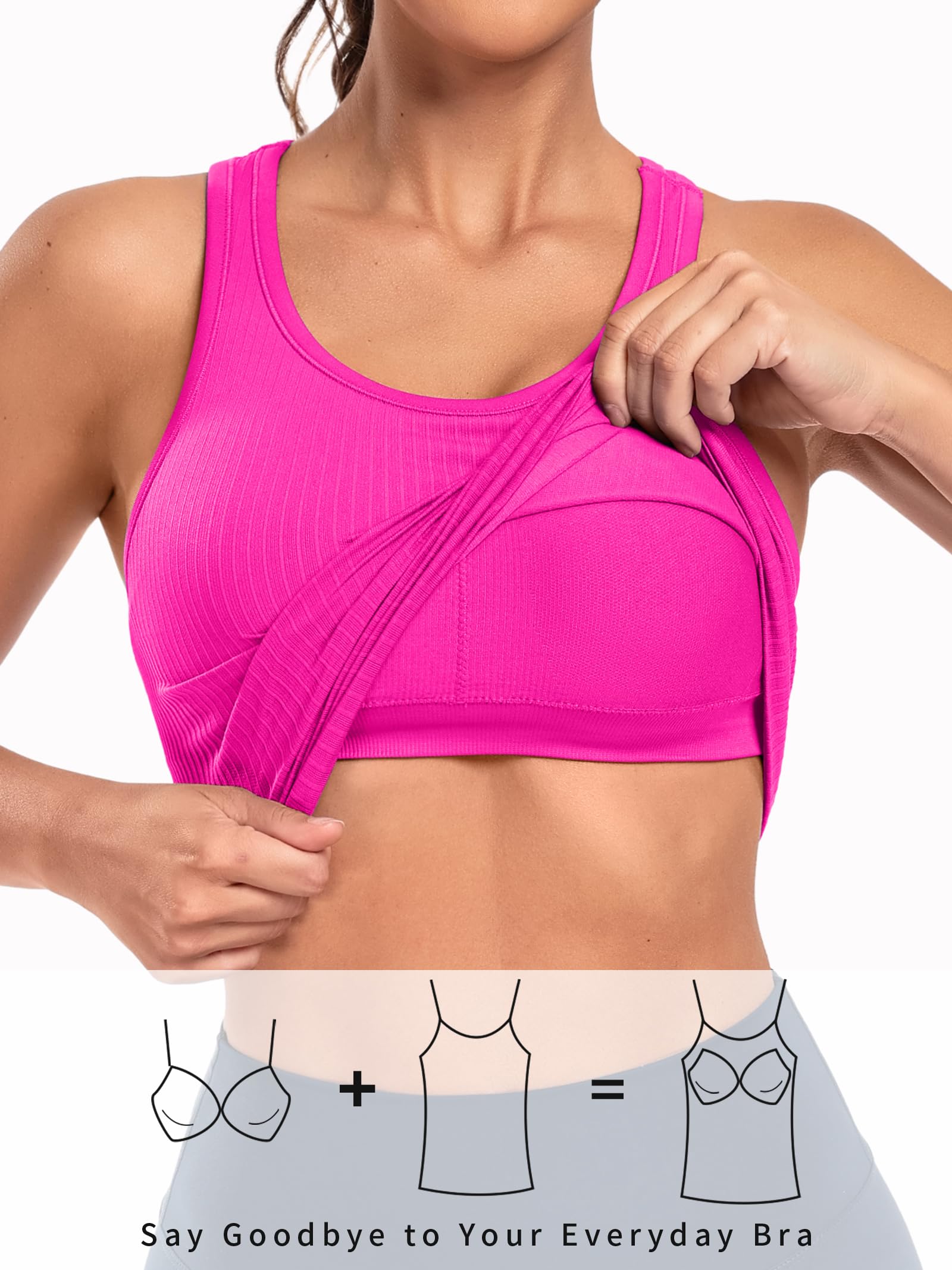ATTRACO Women's Workout Tank Top with Built-in Bra - Ribbed Seamless Yoga Shirt, Tight Fit for Gym, Running & Yoga