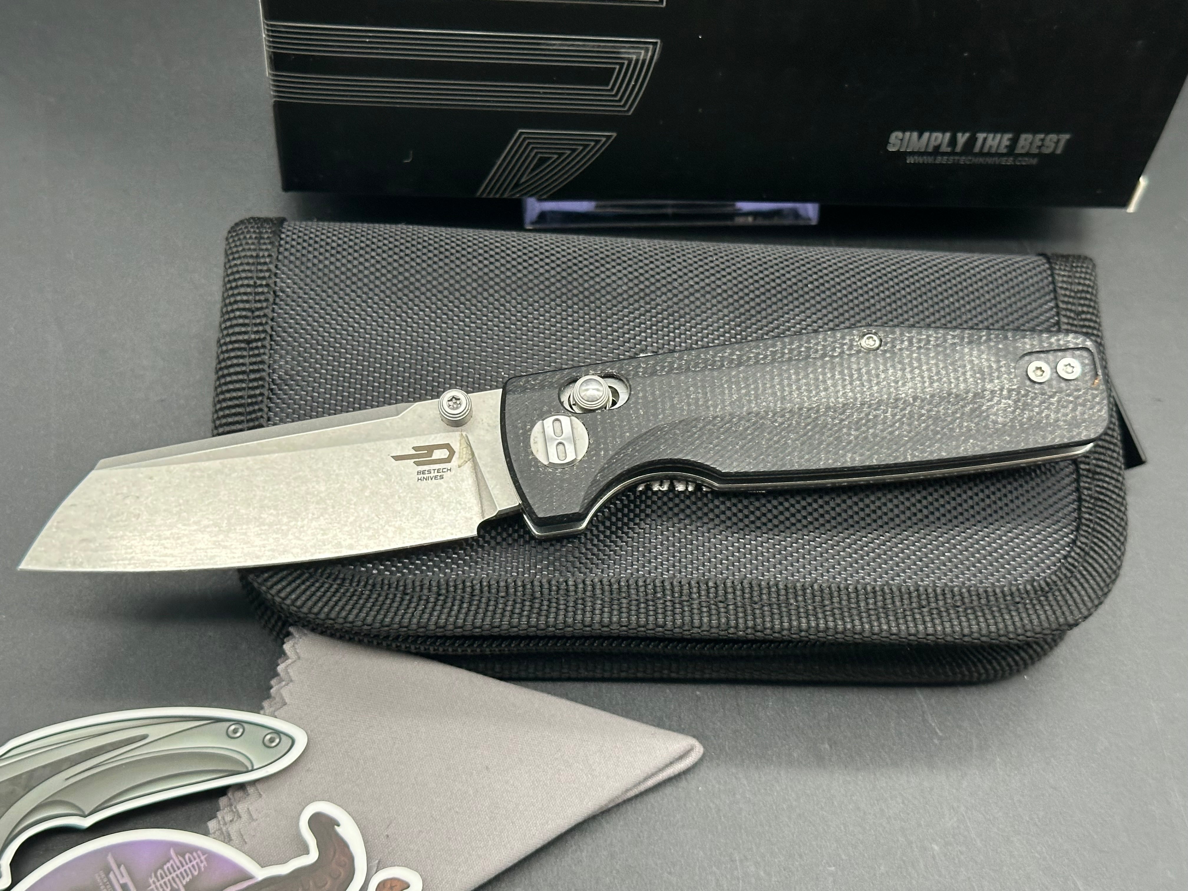 BESTECH SLASHER Folding Pocket Knife - D2 Steel Blade, Black Stonewash Finish, Micarta Handle - EDC, Camping, Hunting & Outdoor Survival Tool