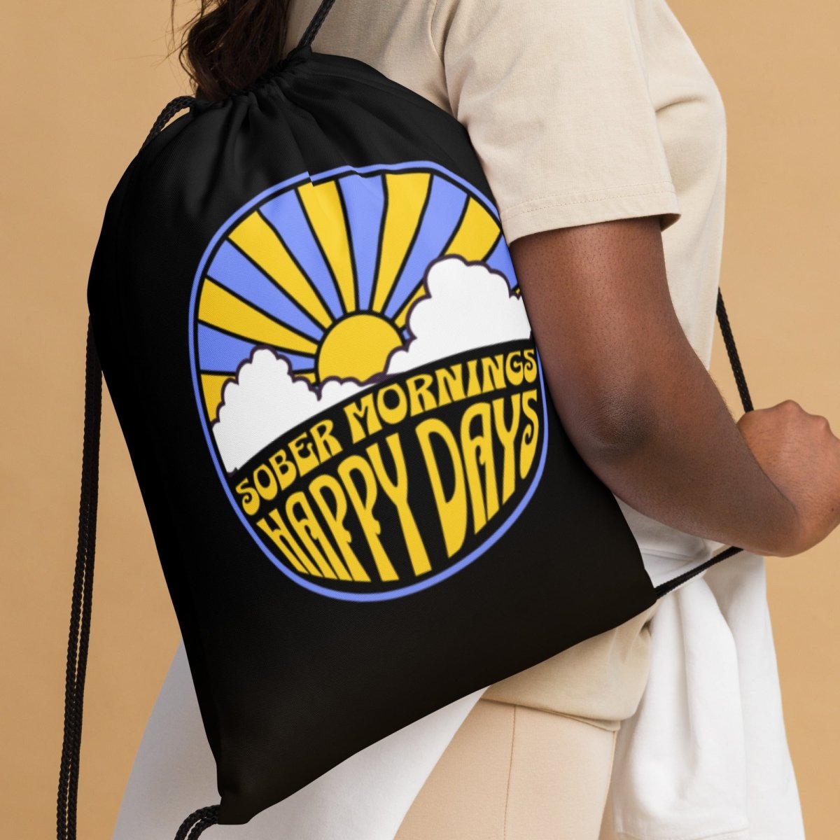 Sober Mornings Happy Days Drawstring Bag - Lightweight Reusable Grocery Tote for Shopping, Beach, Gym & Travel