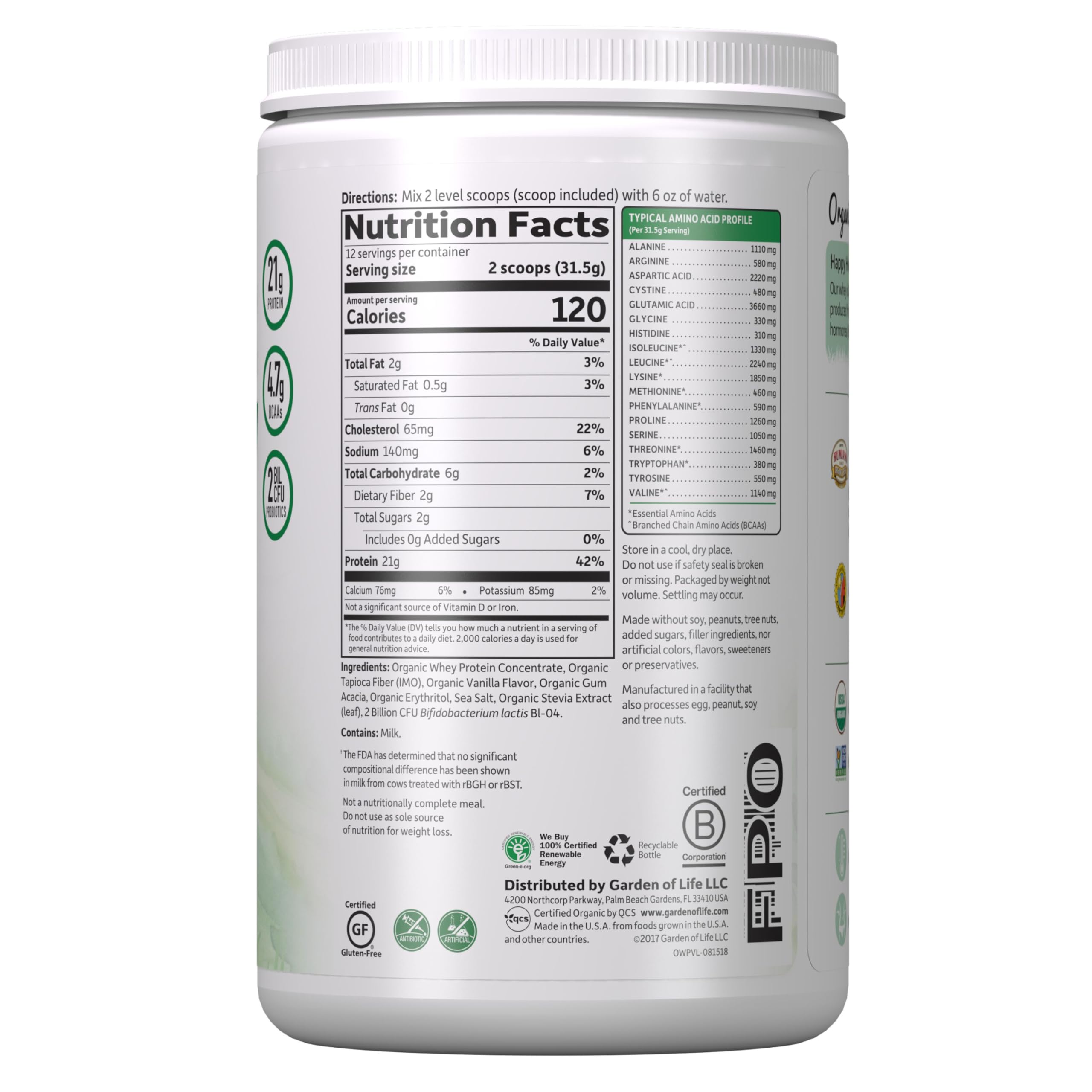 Garden of Life Grass Fed Whey Protein Powder Vanilla - 21g Protein per Serving for Women & Men with Probiotics - 12 Servings - Gluten Free, Non GMO, Kosher, Hormone Free - Post Workout Recovery & Muscle Building Supplement