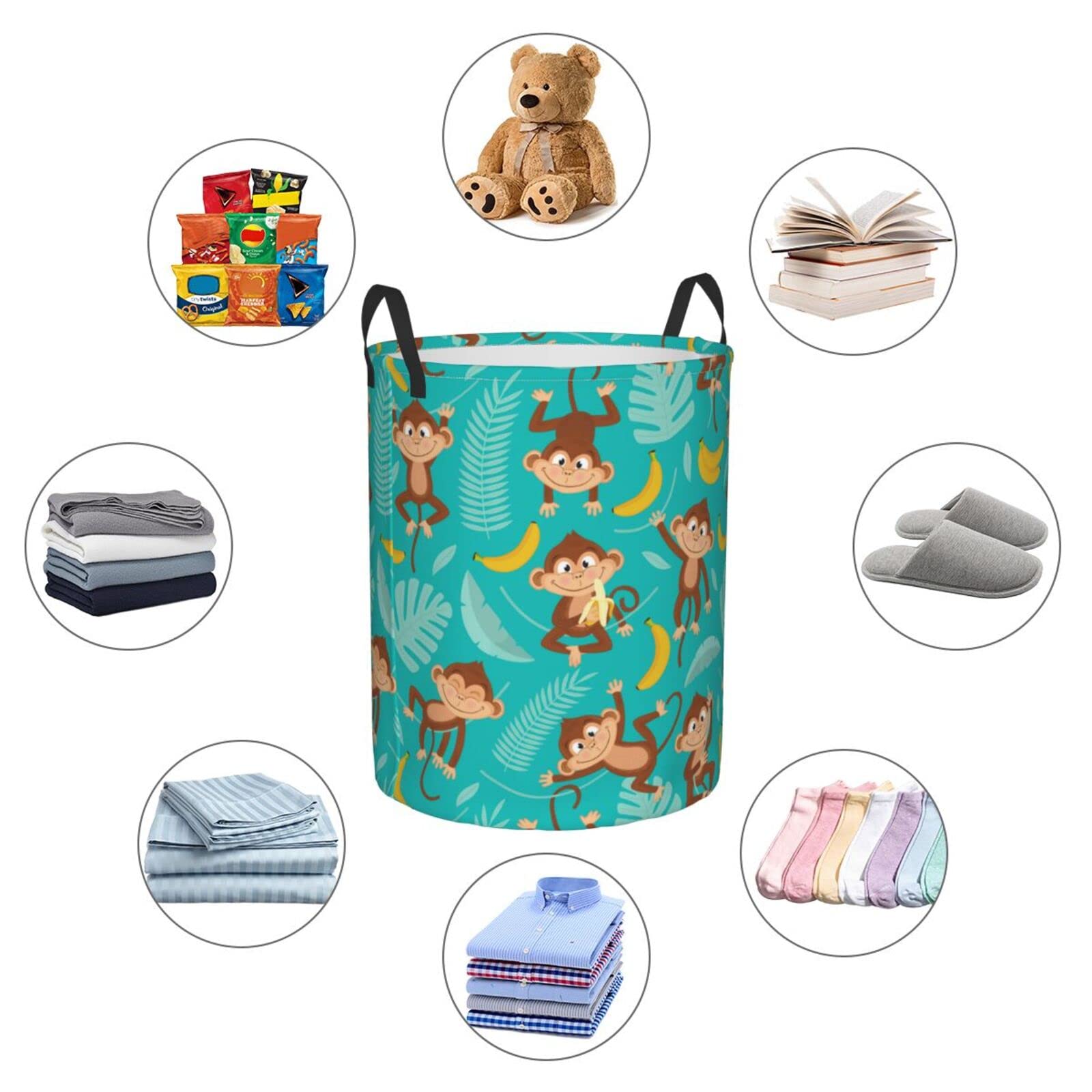 Funny Monkey Collapsible Laundry Basket - Waterproof Fabric Hamper with Handle for Clothes, Toys & Storage | Large Organizer Bin for Bathroom, Bedroom & Kids Room | Cute Tropical Banana Design