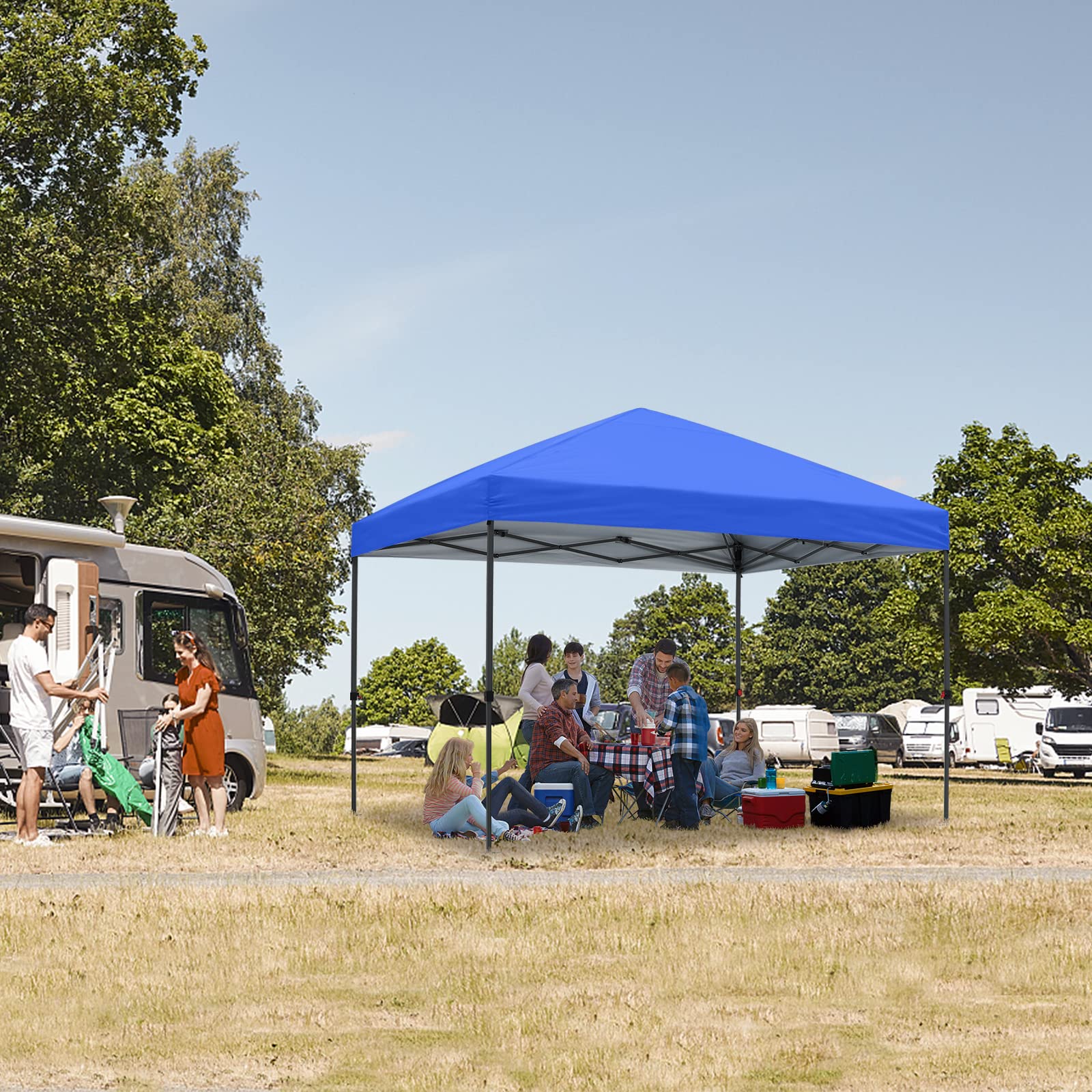 10x10 Pop Up Canopy Tent - Portable Beach & Backyard Shade with Wheeled Carry Bag, 4 Ropes, Stakes & Sandbags - Blue - Perfect for Outdoor Picnics, Camping & Beach Parties