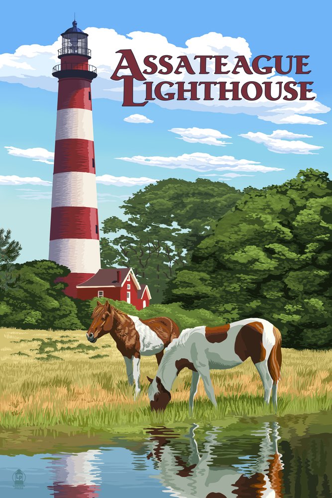 16x24 Gallery Quality Metal Art Print - Assateague Virginia Lighthouse & Wild Horses - Aluminum Wall Decor for Coastal, Beach & Nautical Home Decor