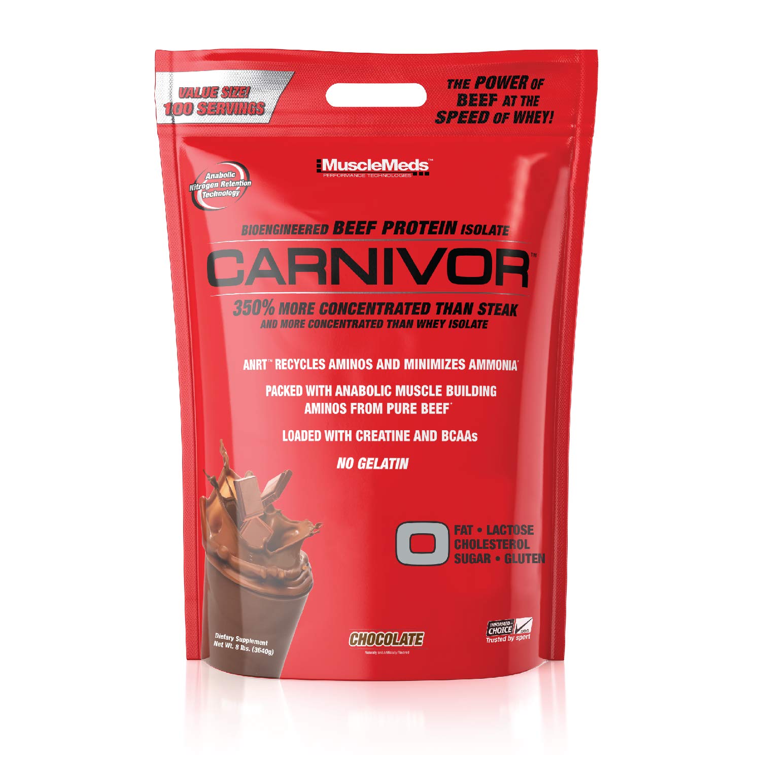 MuscleMeds Carnivor Beef Protein Isolate Powder - Chocolate Flavor, 8 Pound (128 oz) for Muscle Growth & Recovery - Post-Workout, Weight Training & Fitness Supplement