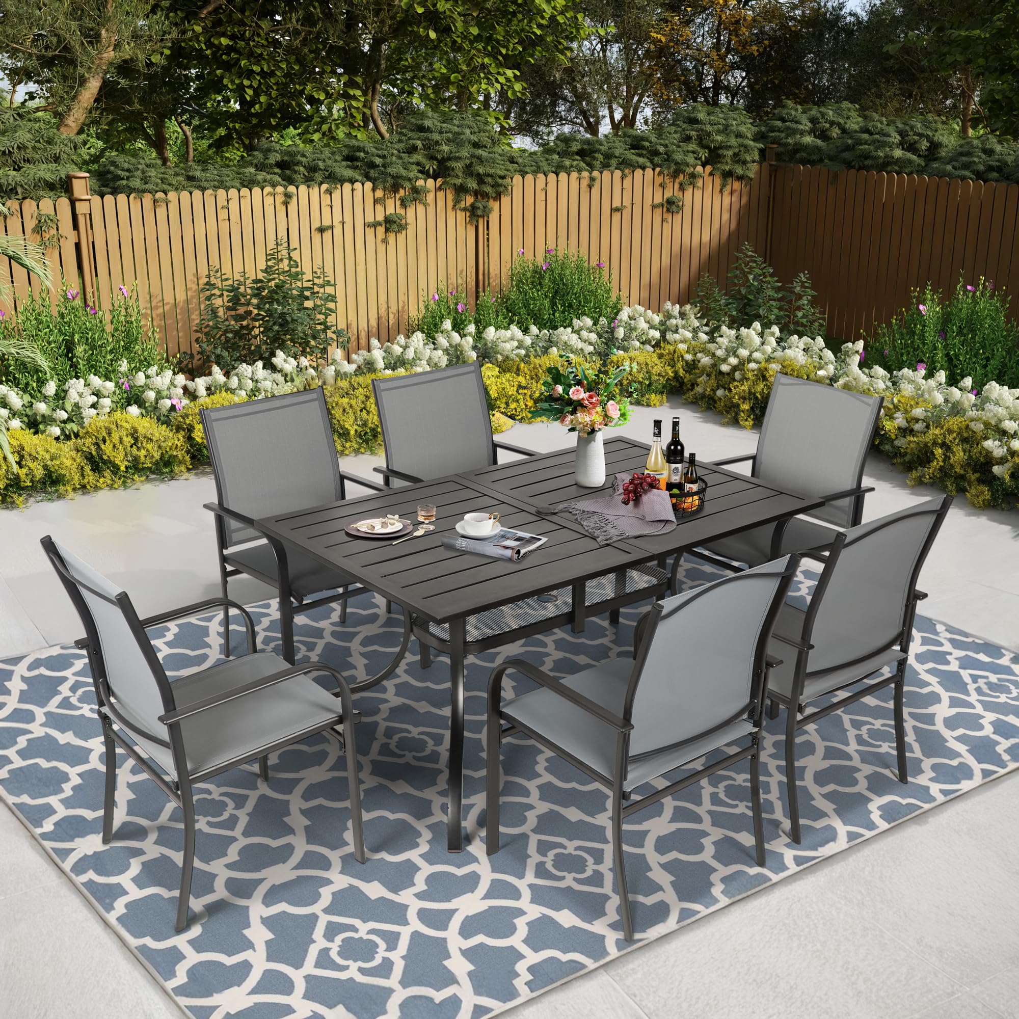 **Crownland 7-Piece Outdoor Patio Dining Set with Textilene Chairs & Rectangular Table - Light Grey - Perfect for Backyard, Garden, and Poolside Dining**
