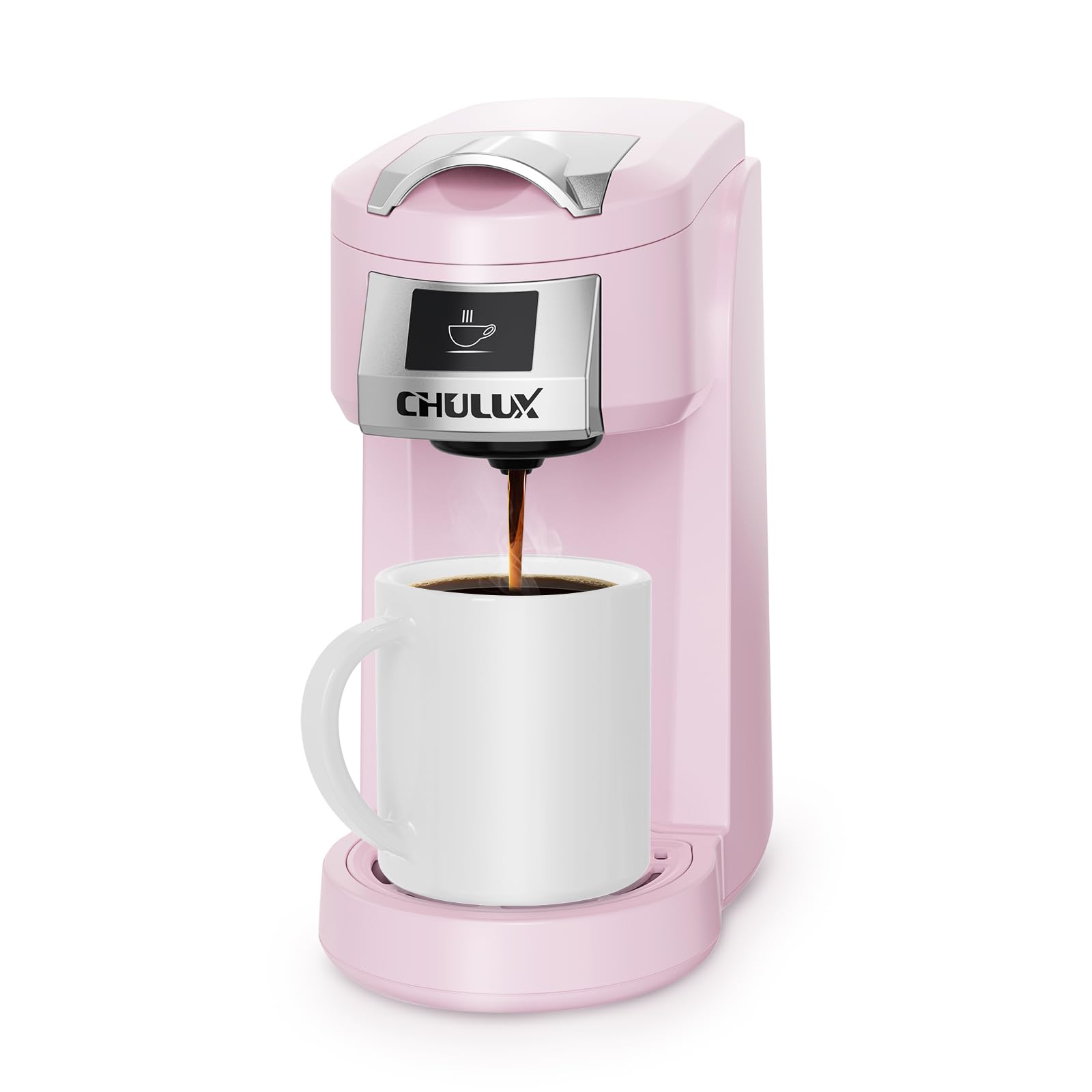 CHULUX Classic Single Serve Coffee Maker for K-Cup Pods - One-Touch Brewing for Office, RV, Travel & Dorm - Compact & Portable Pink Coffee Machine - Perfect for Home, Camping & Small Spaces