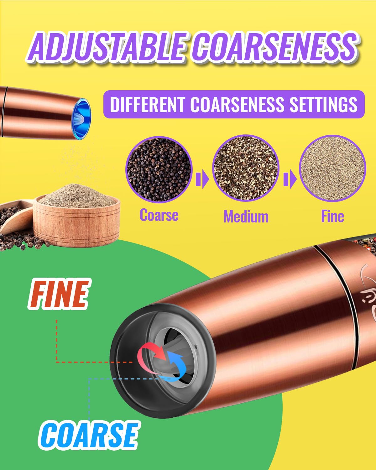 Premium Electric Gravity Salt and Pepper Grinder Set - Ceramic Rotor, Stainless Steel Body with Blue LED Light - Battery Powered Adjustable Coarseness Mill - One-Hand Operation - Perfect for Kitchen, Dining Table & Outdoor BBQ (Copper Finish)