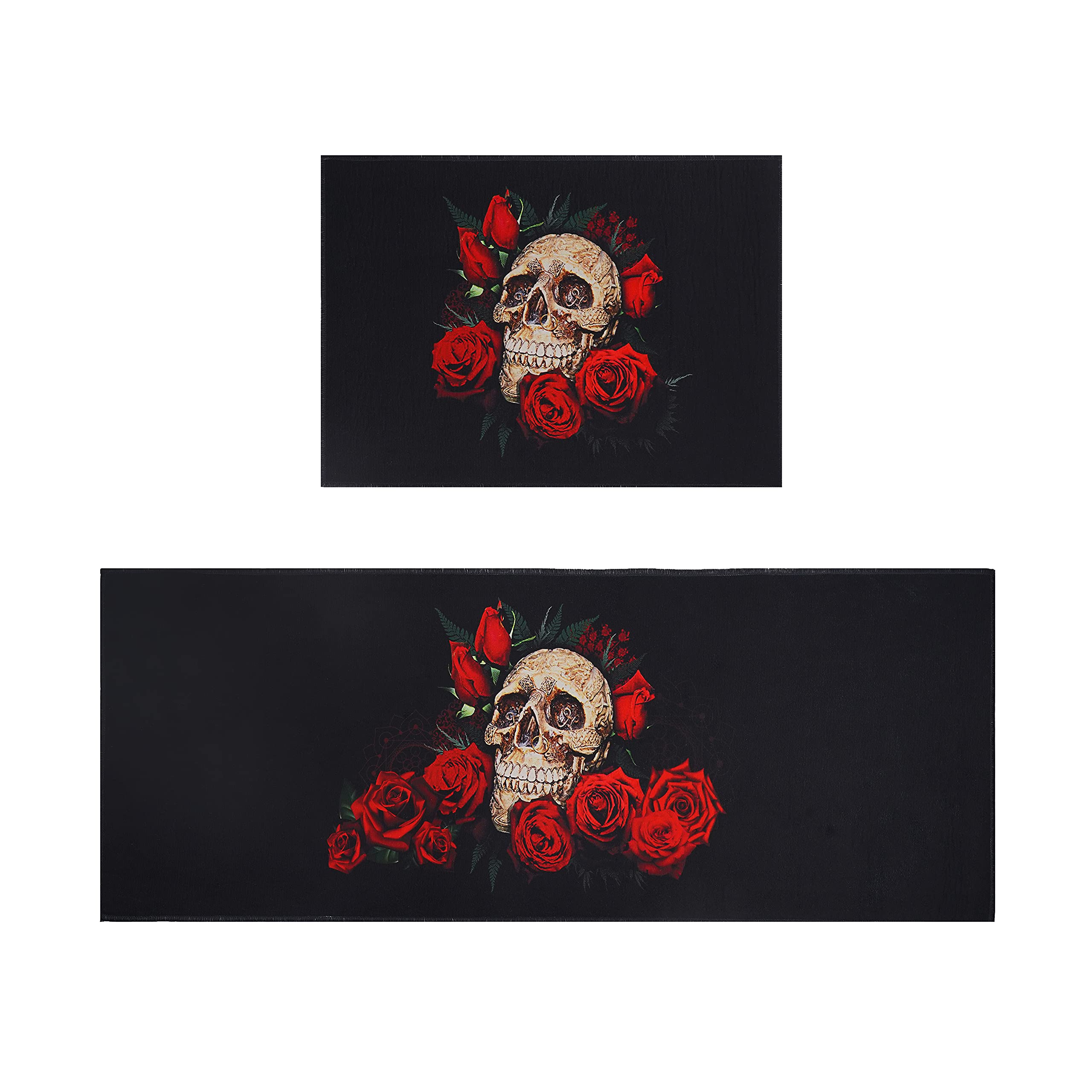 Fuoxowk Skull Roses Kitchen Mat Set - Non-Slip Rubber Backing, Washable Goth Decor Rug for Kitchen Sink, Laundry Room, Standing Desk & Entryway - Perfect for Halloween, Gothic Home Decor & High-Traffic Areas