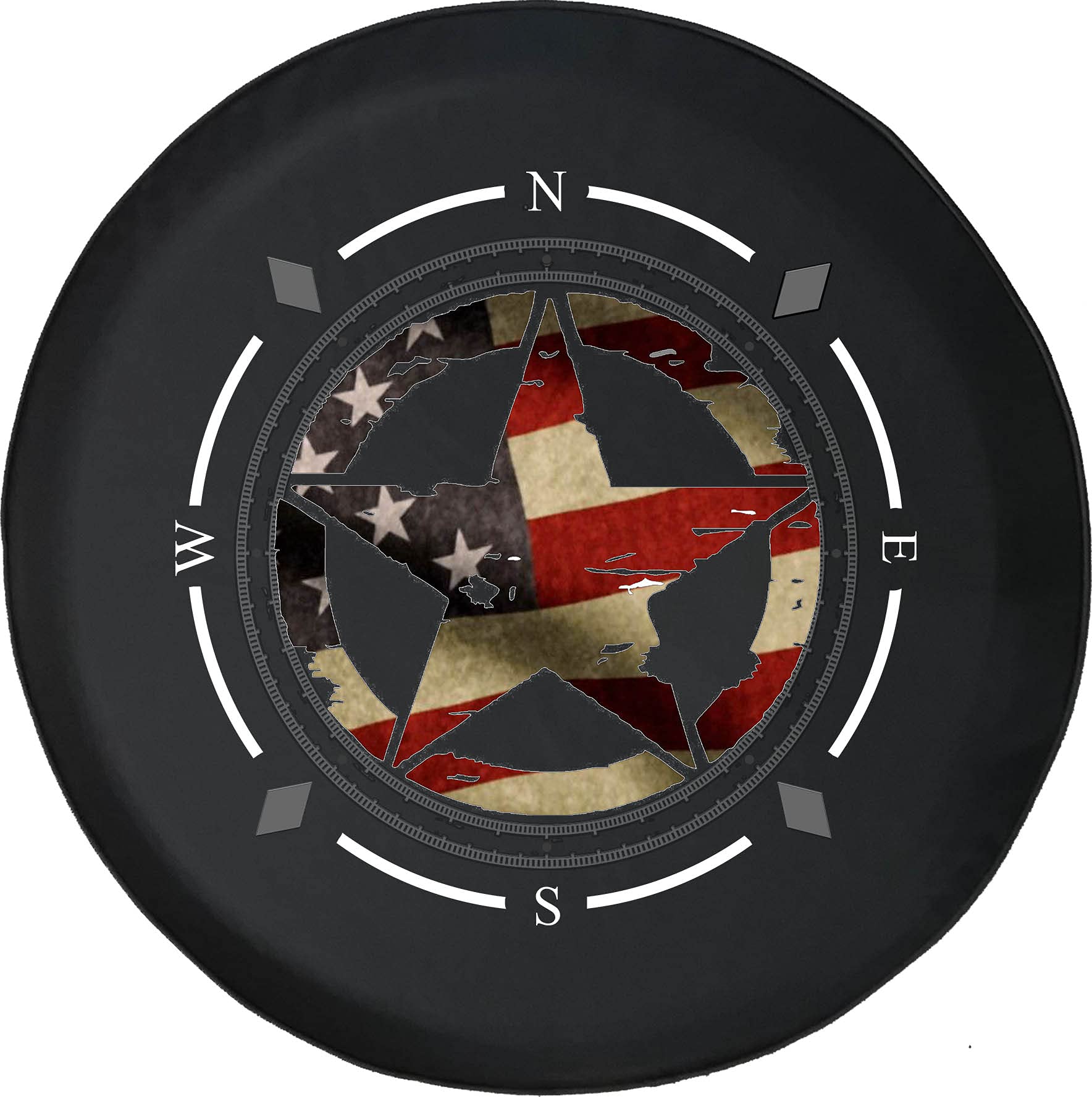 American Flag Spare Tire Cover with Compass & Military Star Design - Universal Fit for SUV, Trailer, RV & Most Vehicles - Durable Wheel Protector for Off-Road Adventures & Camping Trips