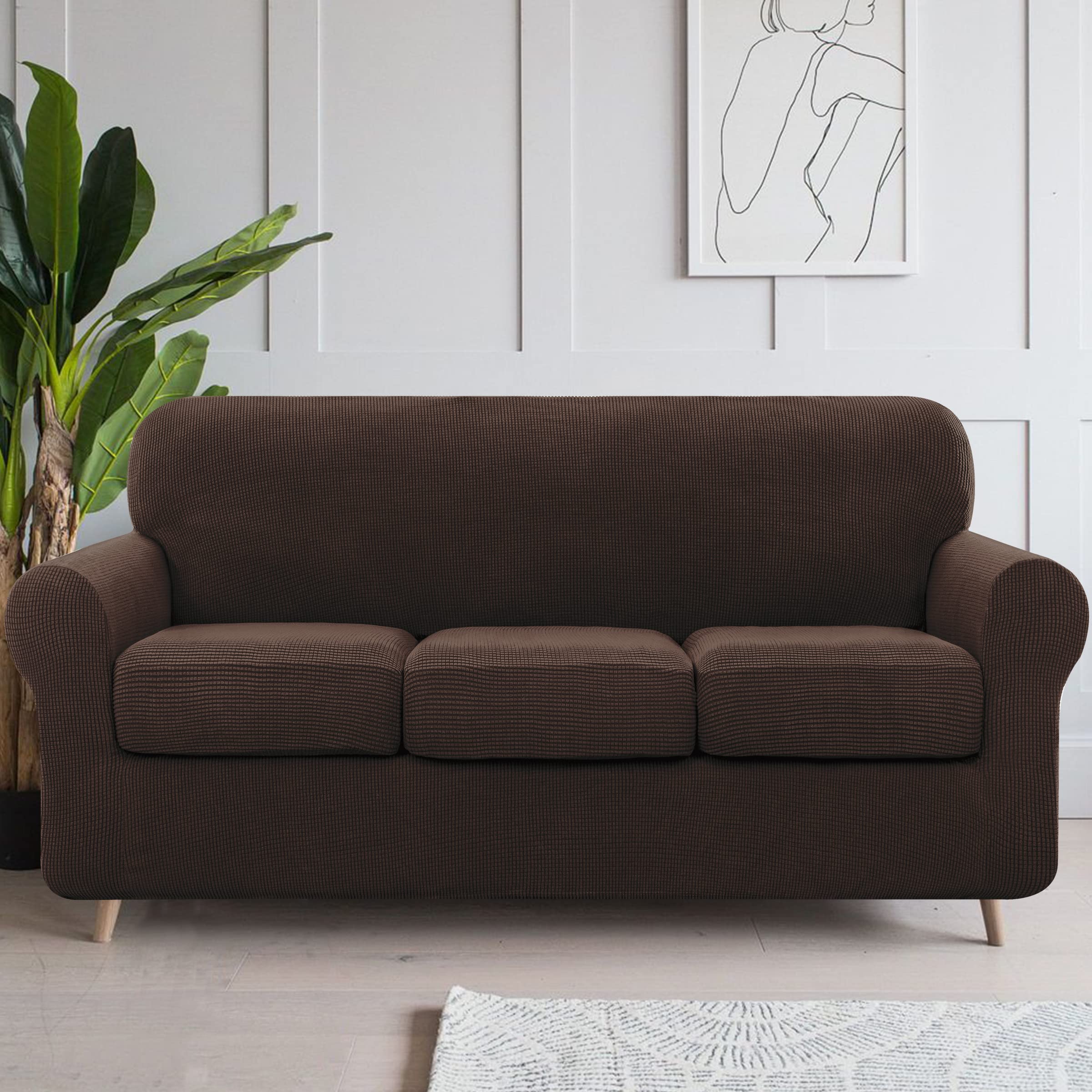 SUBRTEX Sofa Slipcover with Separate Cushion Covers - Stretchable 1-Seater & 3-Seater Couch Protector for Pets & Kids (Small/Large, Chocolate Brown) - Perfect for Living Room Furniture Protection & Home Decor