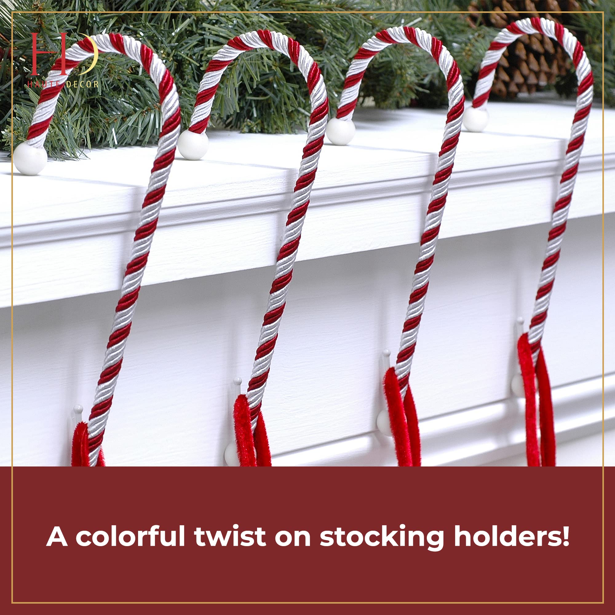 Haute Decor Candy Cane Stocking Holder (Classic Red & White, 4-Pack) - Lightweight Christmas Stocking Hanger for Fireplace Mantel, Holds up to 10 lbs - Perfect for Holiday Decorations, Gift Hanging & Festive Home Decor