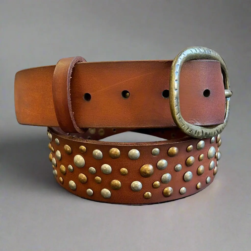 Premium Women's Full Grain Leather Belt with Oval Buckle & Studs - Classic Fashion Accessory for Office, Casual & Formal Outfits