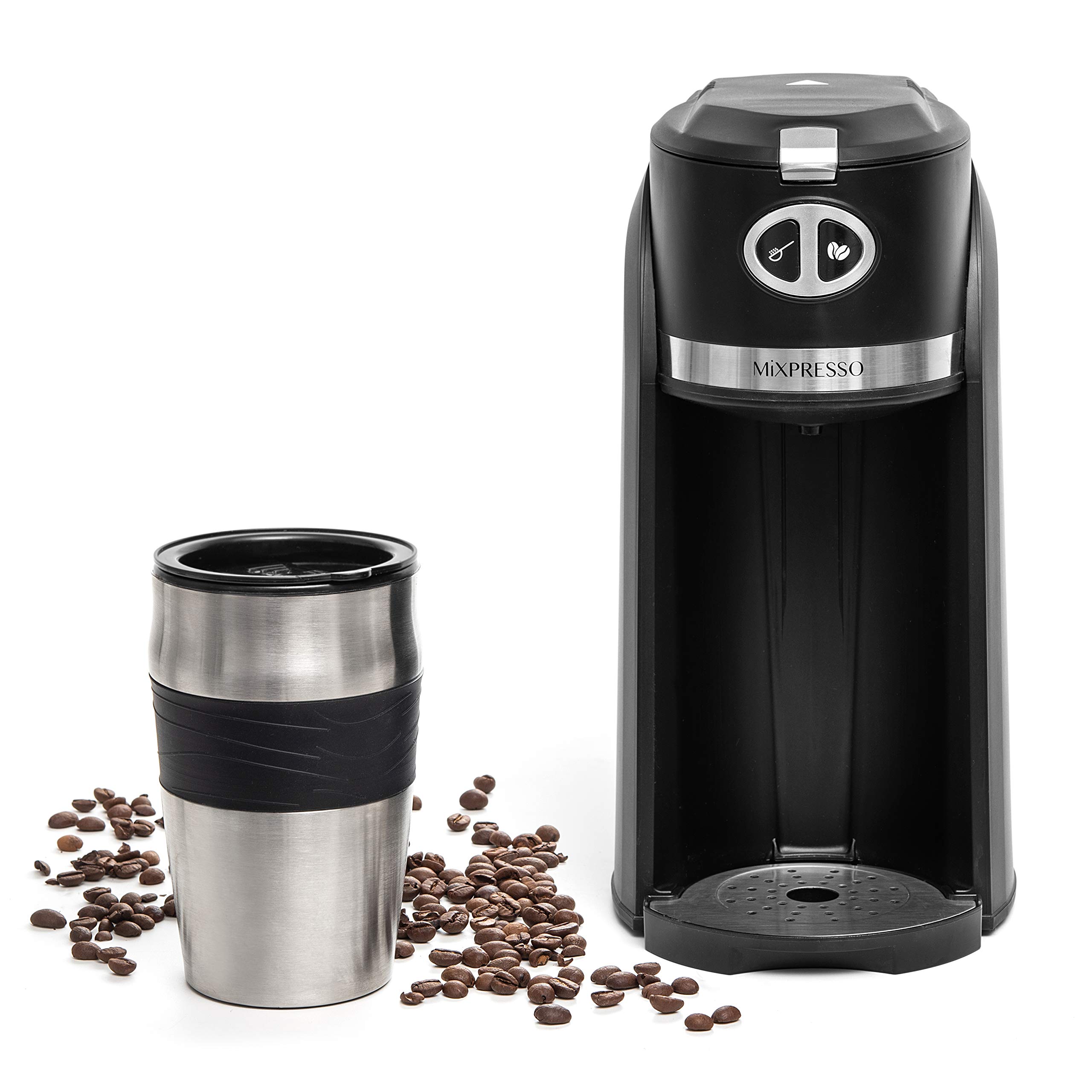 Mixpresso 2-in-1 Grind & Brew Automatic Coffee Maker with Built-in Grinder - Single Serve Personal Coffee Machine with 14oz Travel Mug & Auto Shut Off - Perfect for Home, Office & Travel - Black