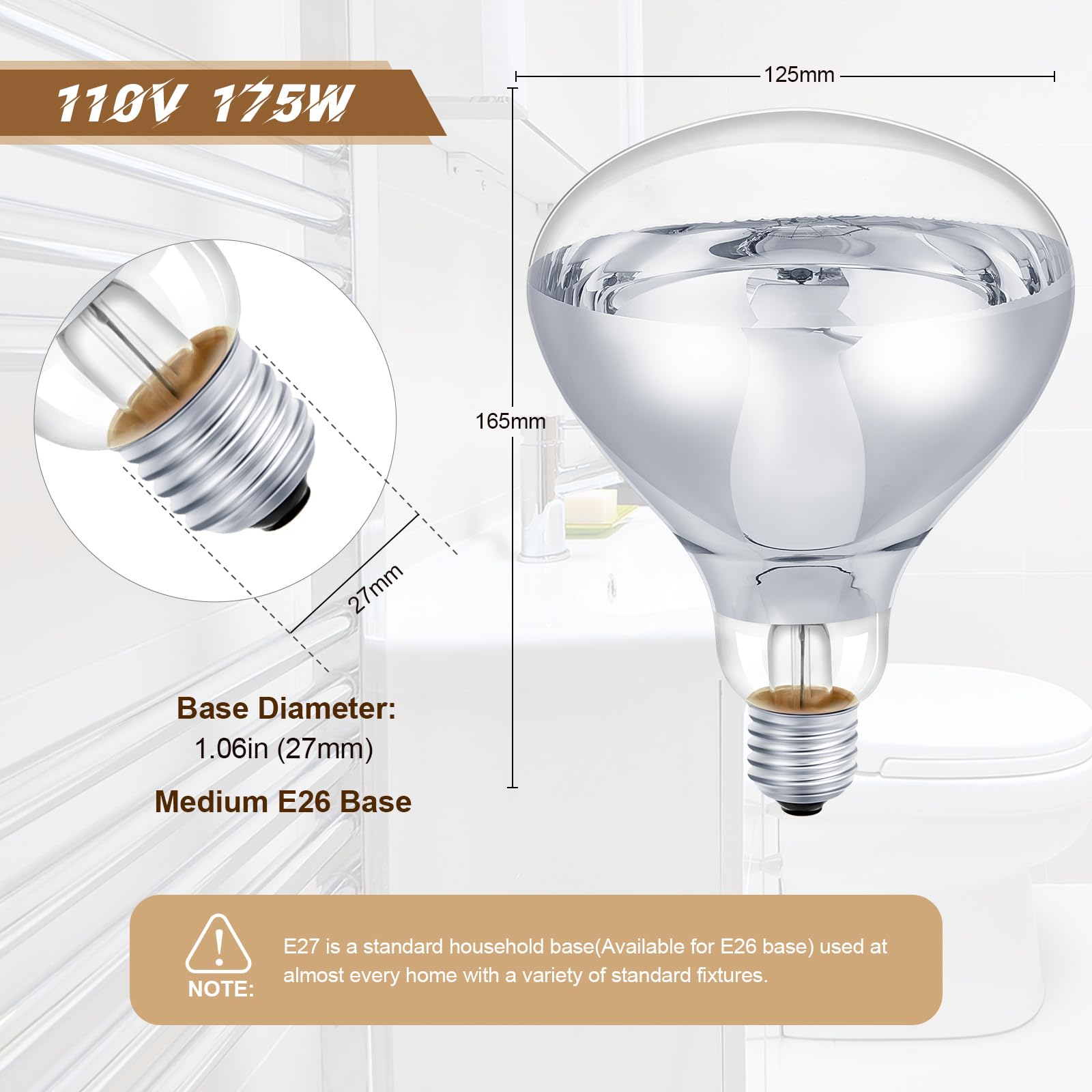 6 Pack 110V Clear Infrared Heat Lamp Bulbs - Medium E26 Base, 175W Red Heat Light for Bathroom, Pet Warming, Chicken Coop, Reptile Terrarium & Food Keeping - Energy Efficient Infrared Flood Bulbs for Home & Farm Use