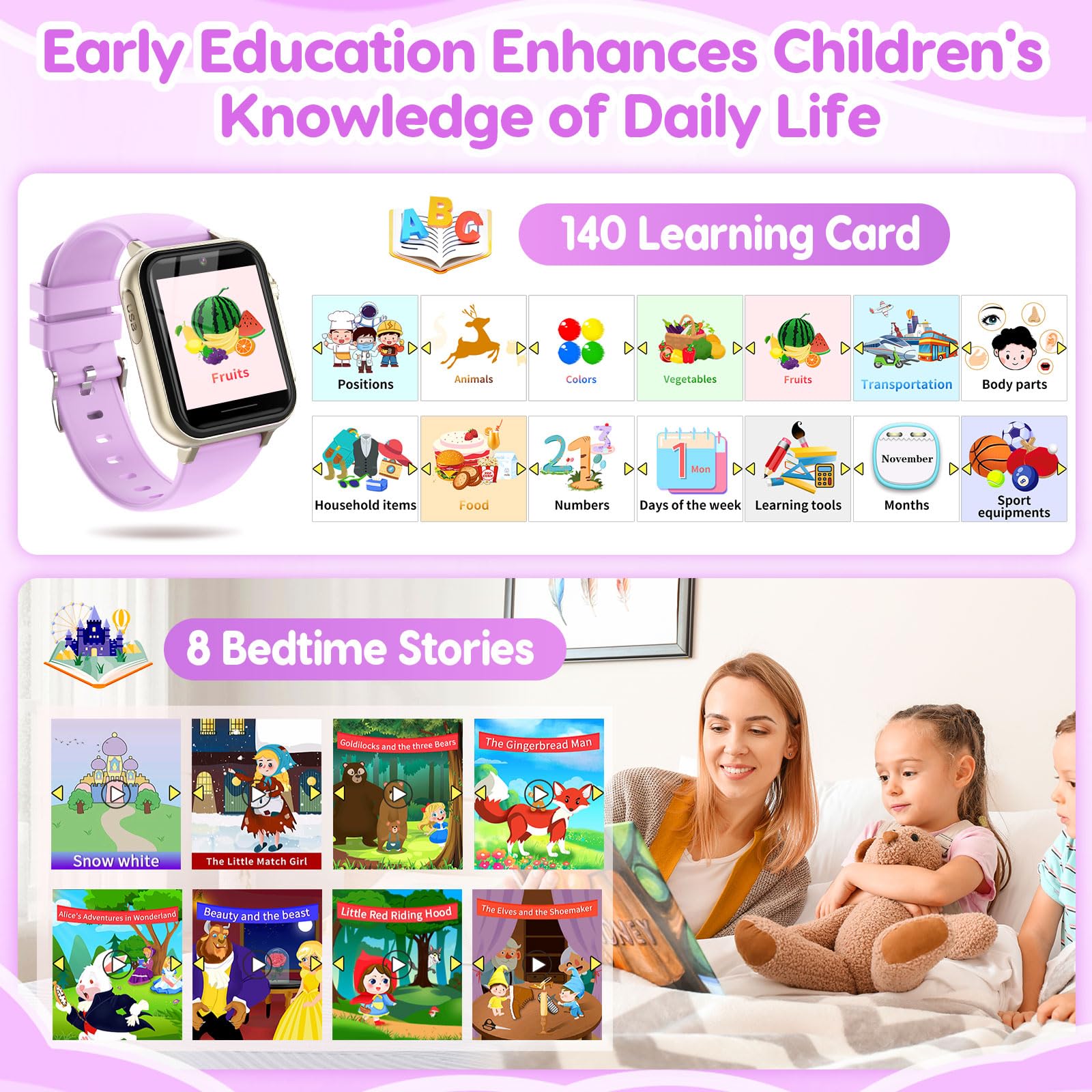 Smart Watch for Kids Ages 4-12 - Waterproof HD Touch Screen with Camera, 30+ Games & 140 Learning Cards - Educational Birthday Gift for Girls & Boys - Perfect for School, Playtime & Outdoor Activities (Purple)