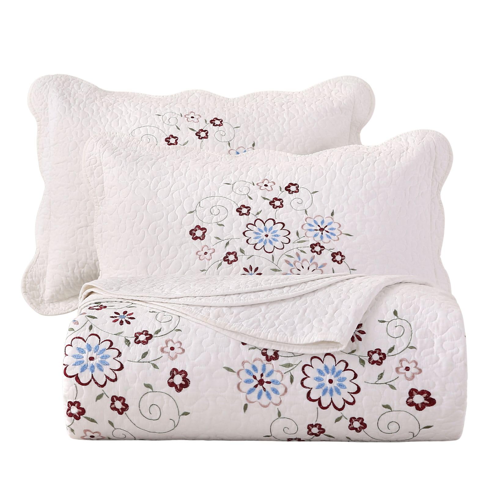 VCTOPS 100% Cotton Floral Embroidered Quilt Set 3-Piece Queen Size - Elegant Ultra Soft Lightweight Reversible Coverlet Bedspread with Shams (White, Queen) for Bedroom Decor, Guest Room & Cozy Home Styling