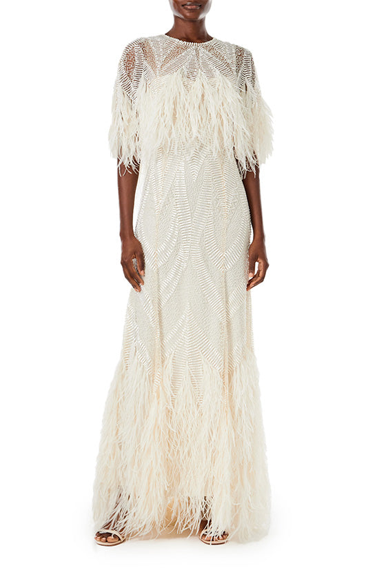 Elegant Feathered Capelet Gown for Women - Vintage Inspired Evening Dress for Prom, Wedding & Special Occasions