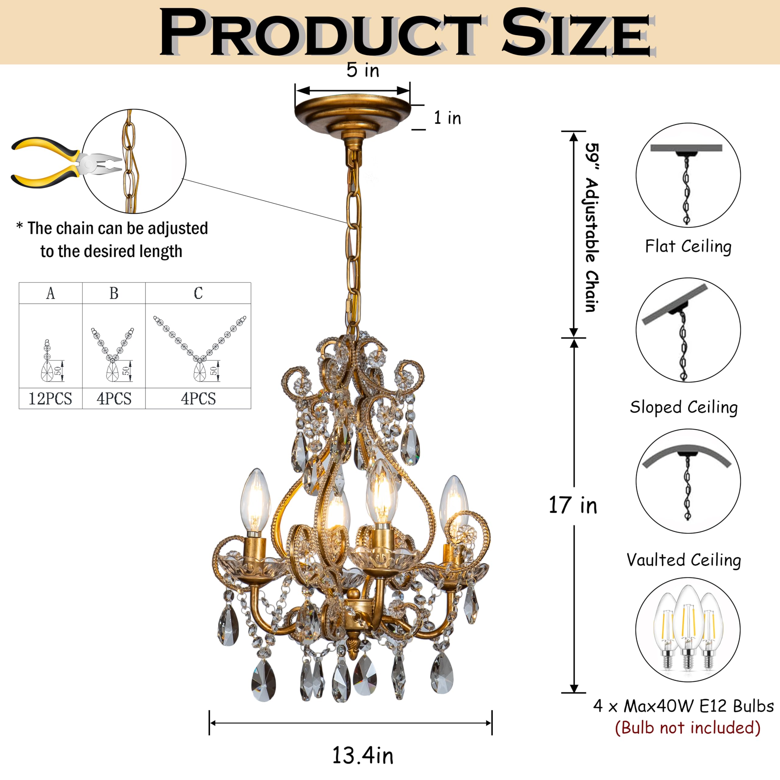 4-Light 14-Inch French Country Chandelier - Antique Gold Small Crystal Dining Room Chandelier - Vintage Swag Lamp with Crystal Teardrop Beads - Gothic Style Ceiling Light for Bedroom, Foyer & Living Room