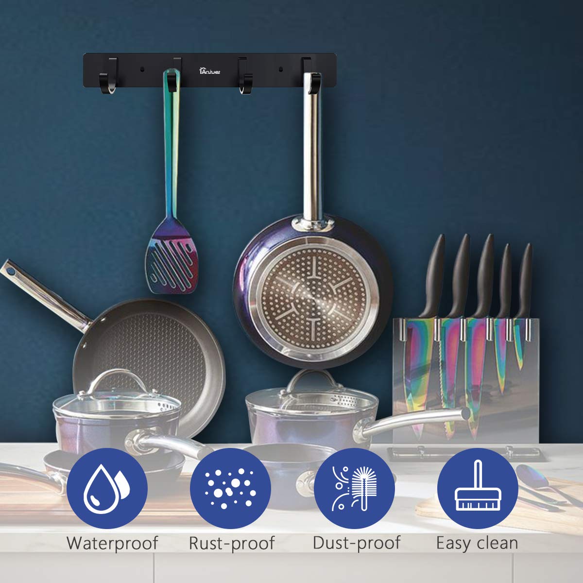 Wall Mounted Aluminum Alloy Coat Rack with 4 Black Hooks - Durable Clothes Hanger for Entryway, Bedroom & Mudroom Organization