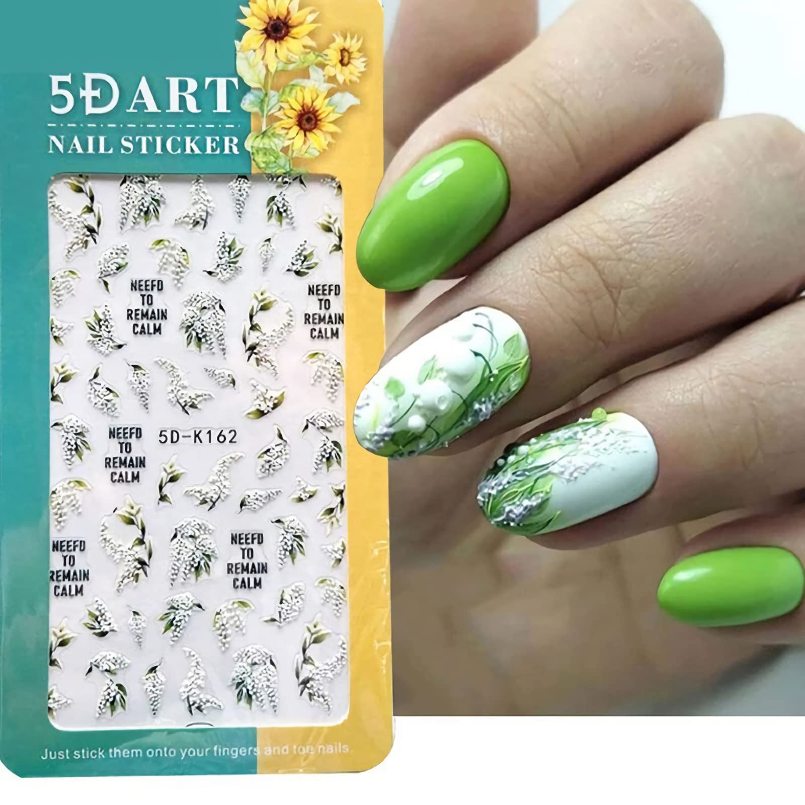5D White Flower Nail Stickers - Summer Self-Adhesive Leaf Nail Decals for Nail Art, Green Leaves & Embossed Lily Floral Nail Accessories | Perfect for DIY Nail Designs, Bridal Manicures, and Summer Nail Art Decorations